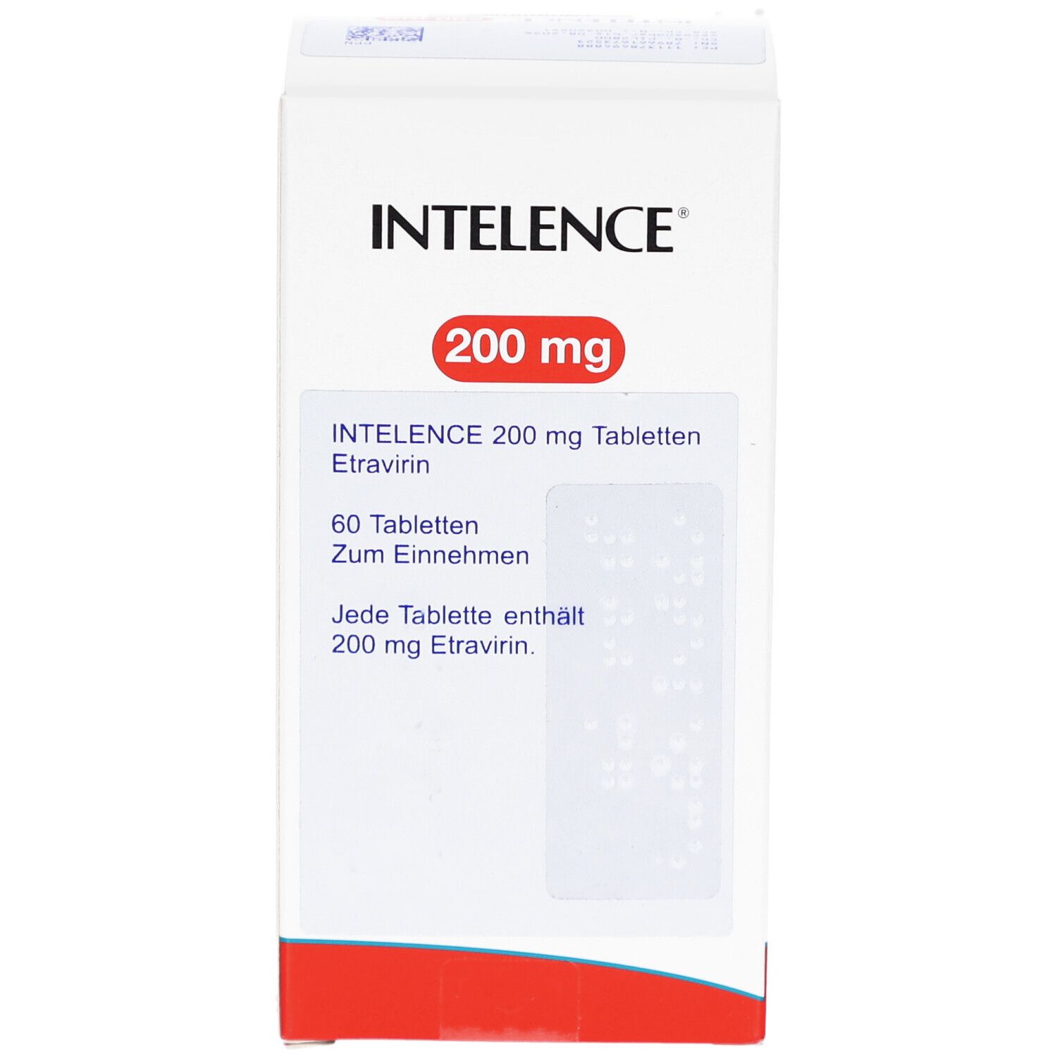 INTELENCE 200 mg Tabletten-Packung. Weiße Schachtel mit rotem Feld. Enthält 60 Tabletten. Aufschrift: Etravirin.