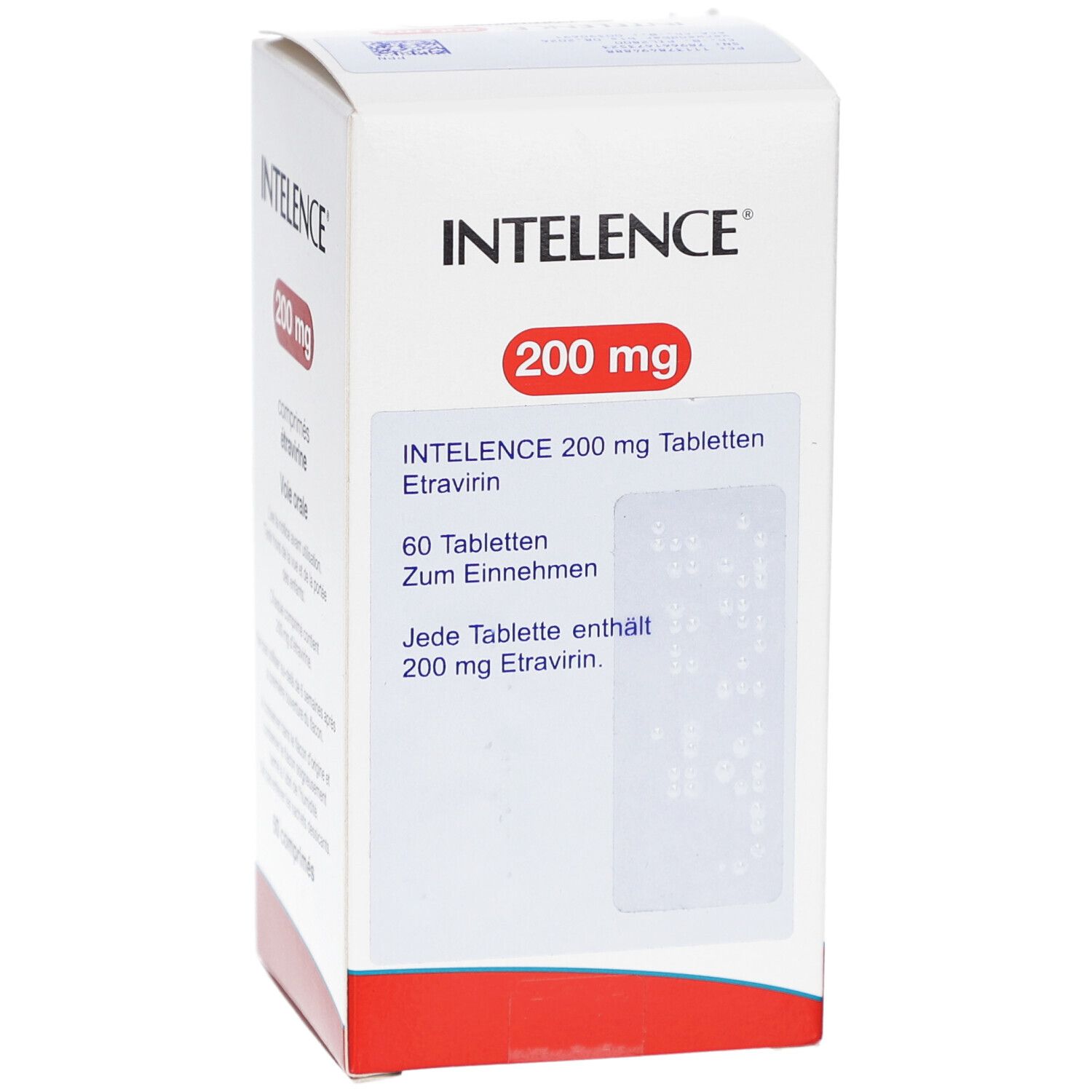 INTELENCE 200 mg Tabletten-Packung. Weiße Schachtel mit rotem Feld. Enthält 60 Tabletten. Aufschrift: Etravirin.