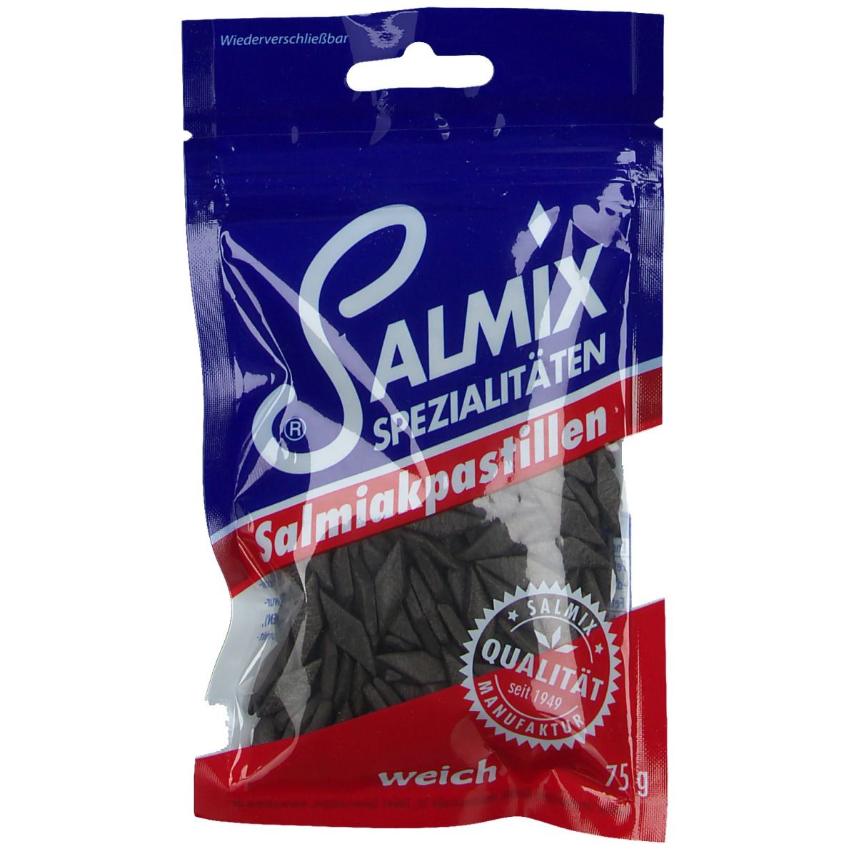 Verpackung mit Salmiakpastillen. Blaue und rote Verpackung mit weißem Schriftzug SALMIX. Siegel mit "Qualität seit 1849".