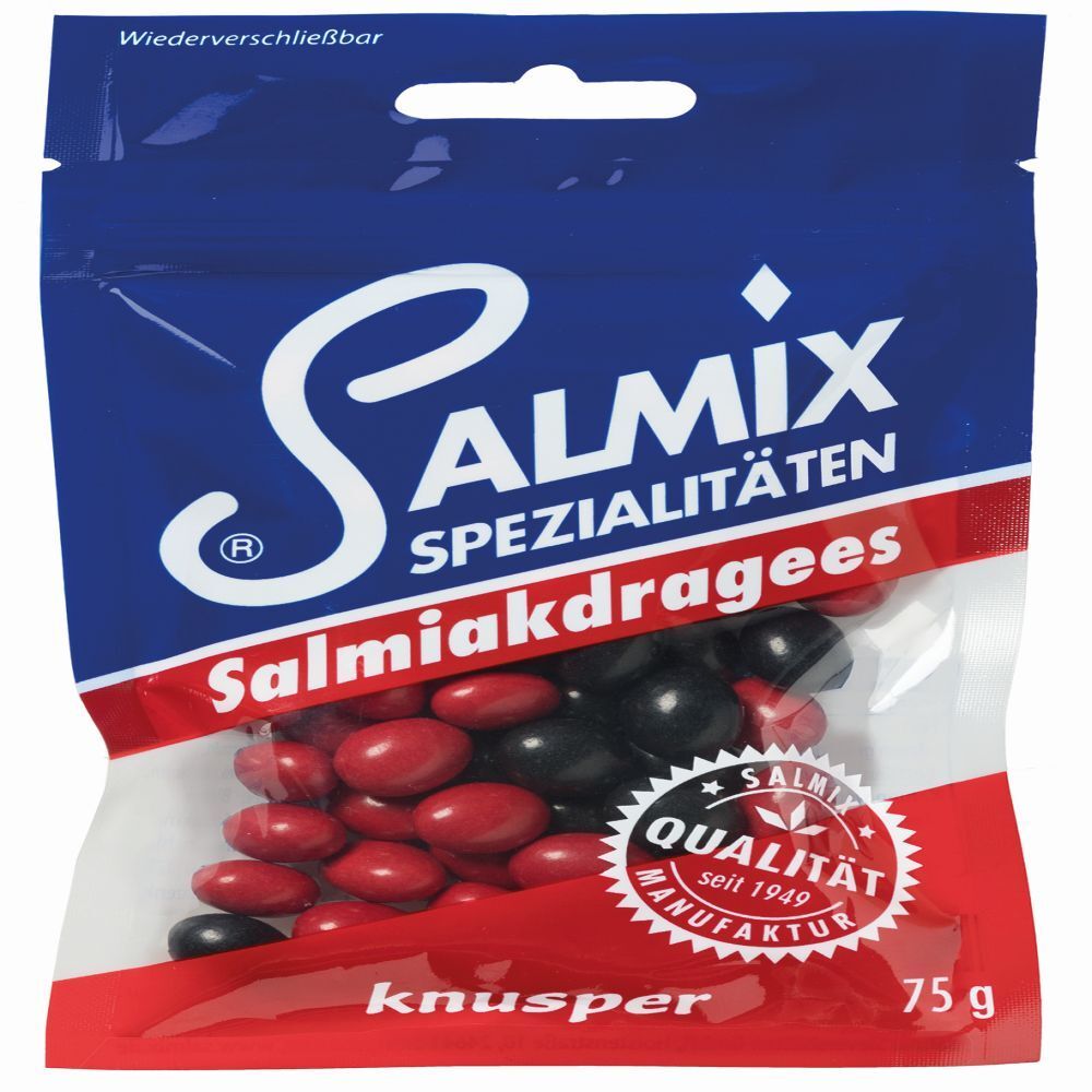 Beutel mit SALMIX Salmiakdragees Knusper. Rote und schwarze Dragees. Text: SALMIX, Spezialitäten, Salmiakdragees, Knusper, 75g.