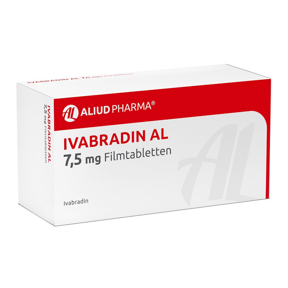 Verpackung von IVABRADIN AL 7,5 mg Filmtabletten. Weißer Karton mit rotem Streifen. Aufschrift: ALIUD PHARMA, IVABRADIN AL 7,5 mg Filmtabletten.