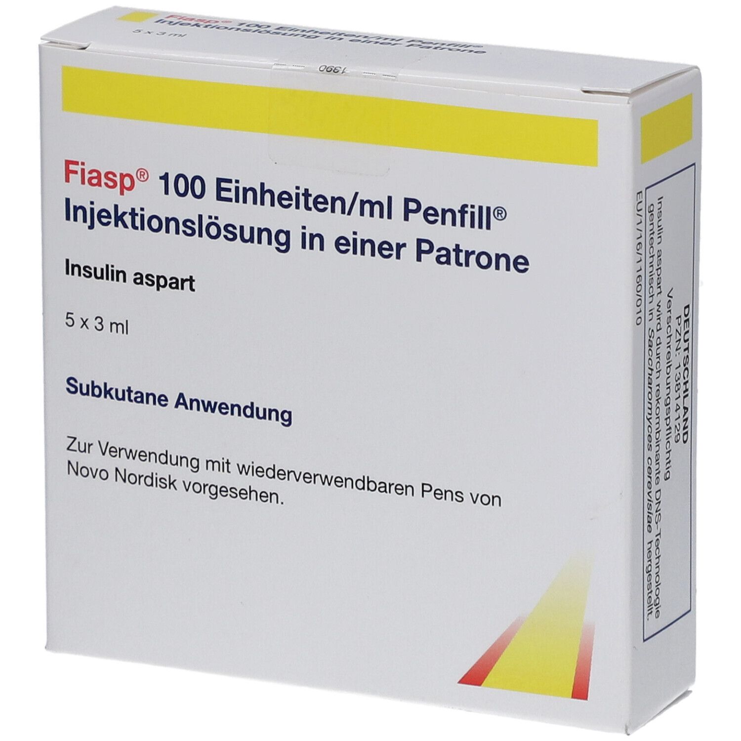 Weißer Karton mit gelben Akzenten. Aufschrift: Fiasp 100 Einheiten/ml Penfill Injektionslösung. Enthält 5x3 ml Insulin aspart.