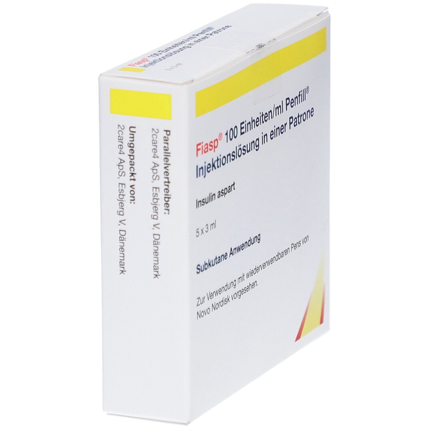 Karton mit gelben Akzenten. Aufschrift: Fiasp 100 Einheiten/ml Penfill Injektionslösung. Enthält 5x3 ml Insulin aspart.
