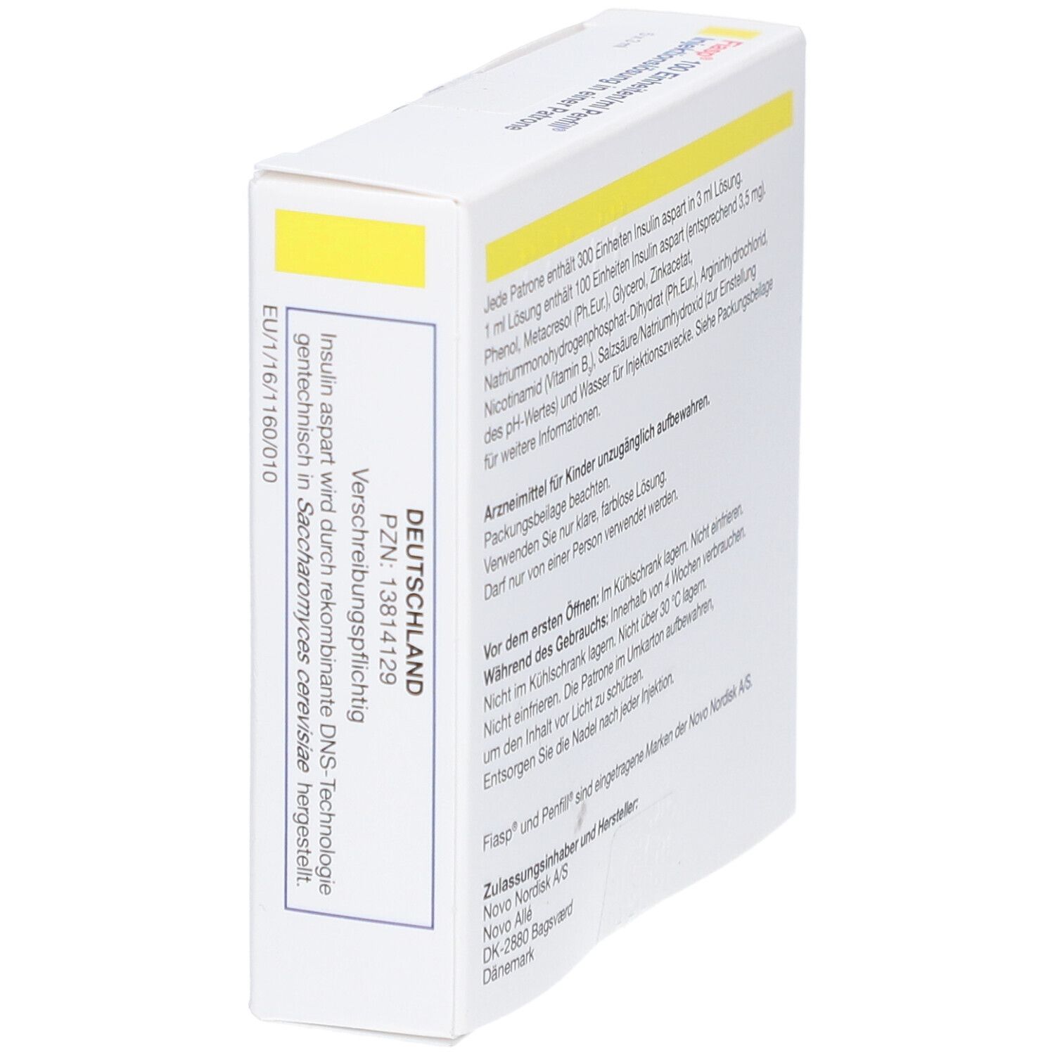 Karton mit Informationen. Aufschrift: Insulin aspart, PZN, Hersteller. Text in deutscher Sprache.