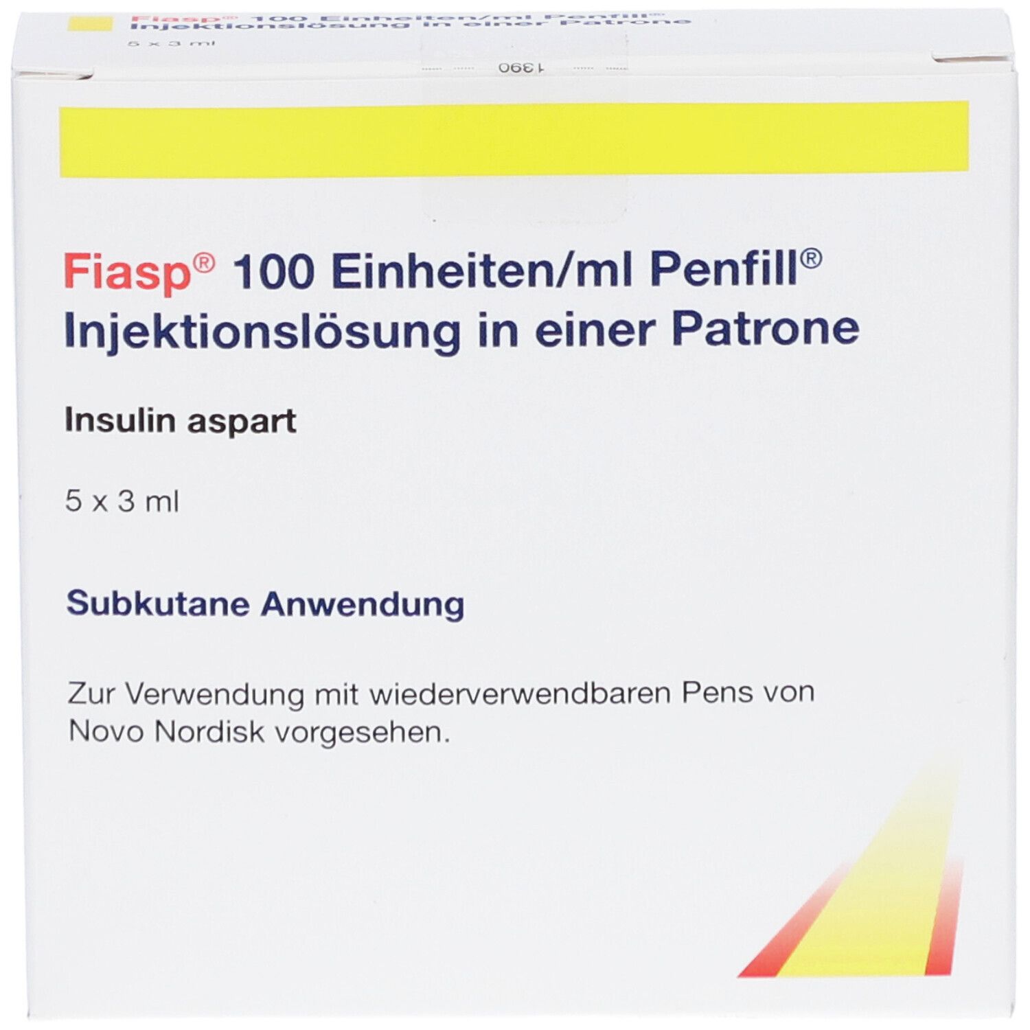 Weißer Karton mit gelben Akzenten. Aufschrift: Fiasp 100 Einheiten/ml Penfill Injektionslösung. Enthält 5x3 ml Insulin aspart.