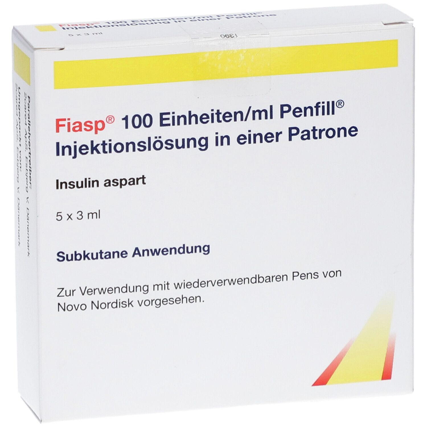 Weißer Karton mit gelben Akzenten. Aufschrift: Fiasp 100 Einheiten/ml Penfill Injektionslösung. Enthält 5x3 ml Insulin aspart.