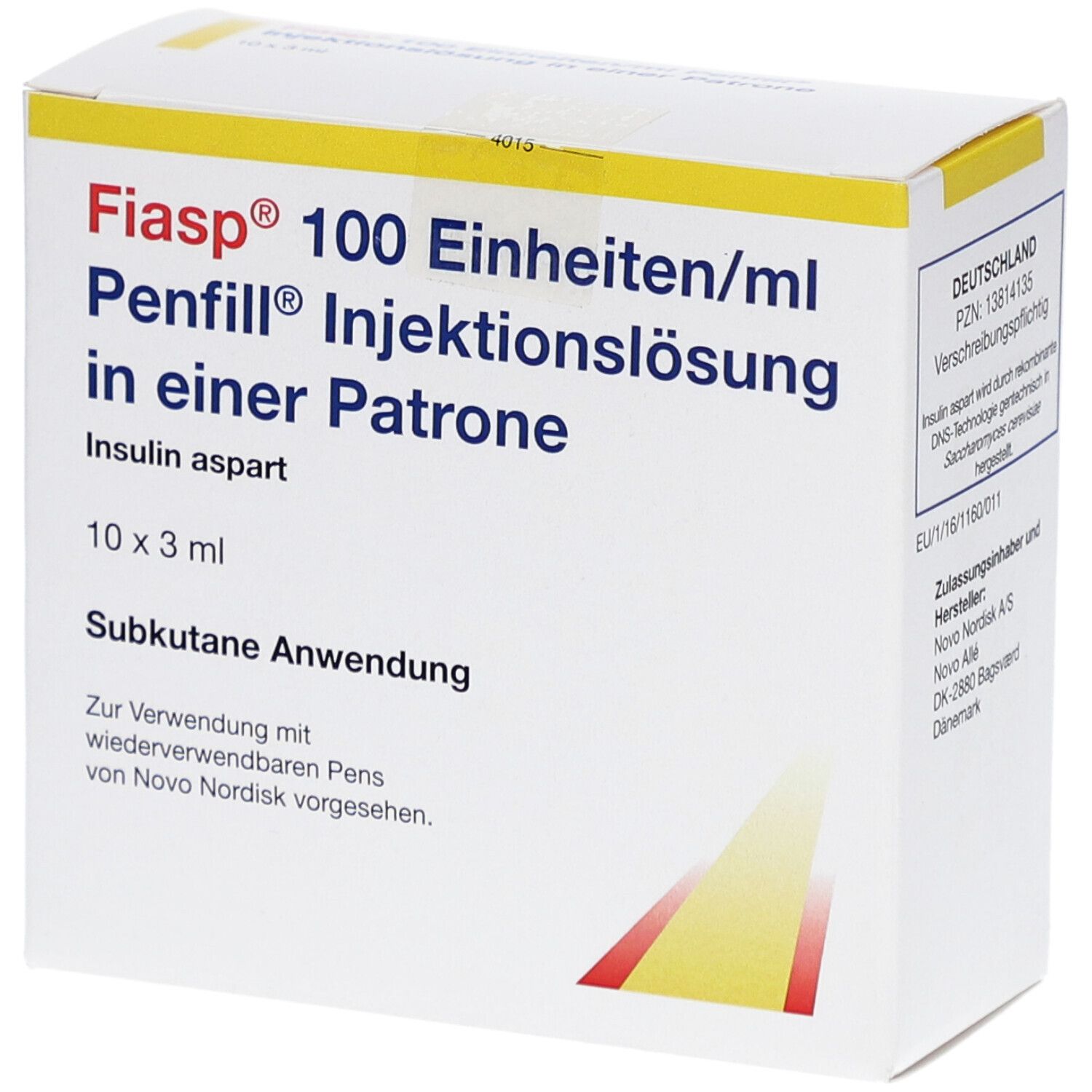 Schachtel mit FIASP 100 Einheiten/ml Penfill Injektionslösung. Enthält Insulin aspart. 10 x 3 ml. Subkutane Anwendung.