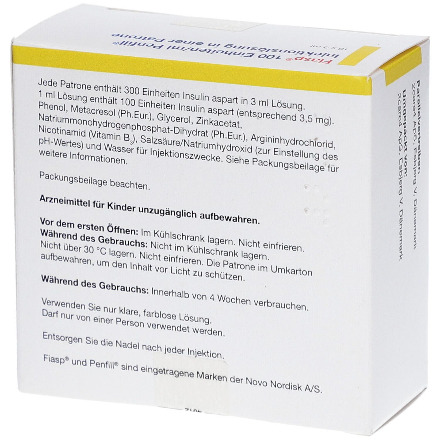 Rückseite der Schachtel FIASP 100 Einheiten/ml Penfill Injektionslösung. Text über Inhaltsstoffe und Anwendungshinweise.