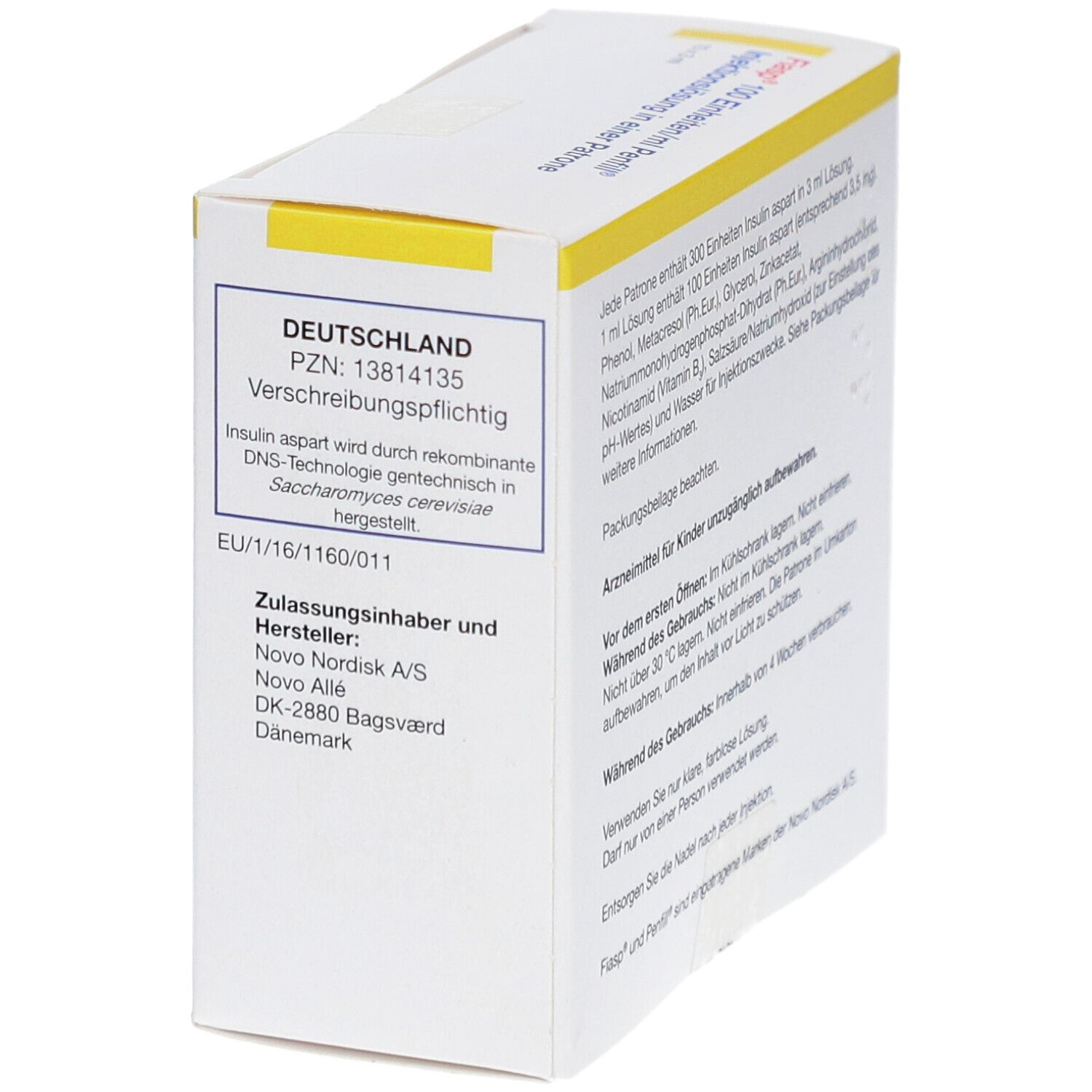 Detailansicht der Schachtel FIASP 100 Einheiten/ml Penfill Injektionslösung. Text: Deutschland, PZN: 13814135.