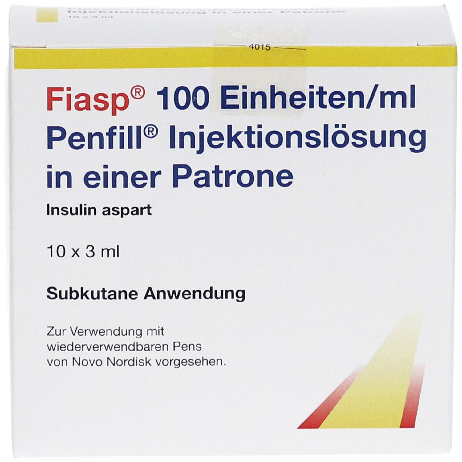 Schachtel FIASP 100 Einheiten/ml Penfill Injektionslösung. Enthält Insulin aspart. 10 x 3 ml. Subkutane Anwendung.