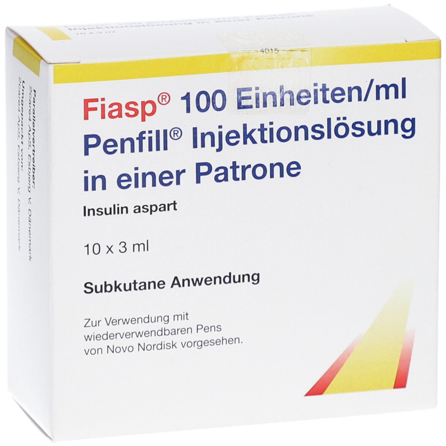 Schachtel FIASP 100 Einheiten/ml Penfill Injektionslösung. Enthält Insulin aspart. 10 x 3 ml. Subkutane Anwendung.