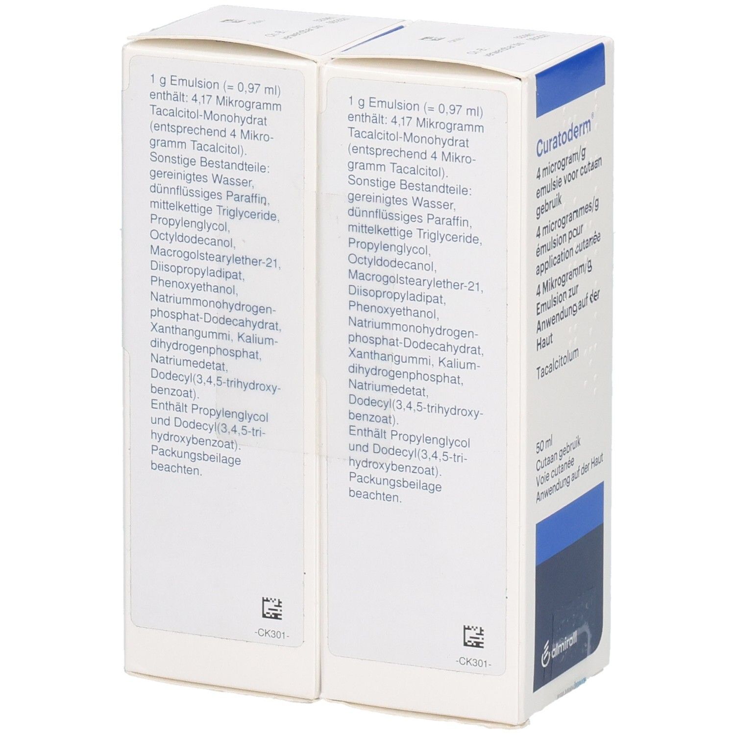 Zwei weiße Faltschachteln. Aufdruck mit Inhaltsstoffen und Details. Enthält 1 g Emulsion. CK301 Code.