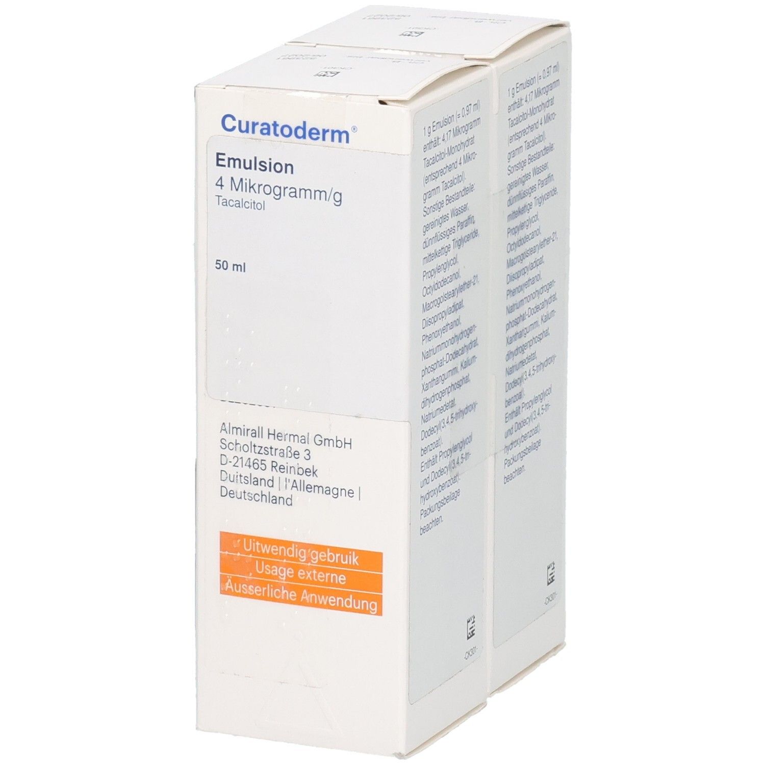 Weiße Faltschachtel mit blauen Akzenten. Aufdruck: Curatoderm Emulsion 4 Mikrogramm/g. Enthält 50 ml. Almirall Logo.