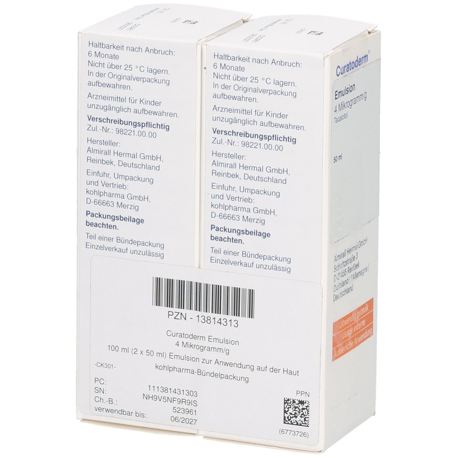 Zwei weiße Faltschachteln. Aufdruck: Curatoderm Emulsion 4 Mikrogramm/g. Enthält 100 ml (2 x 50 ml). PZN-13814313.