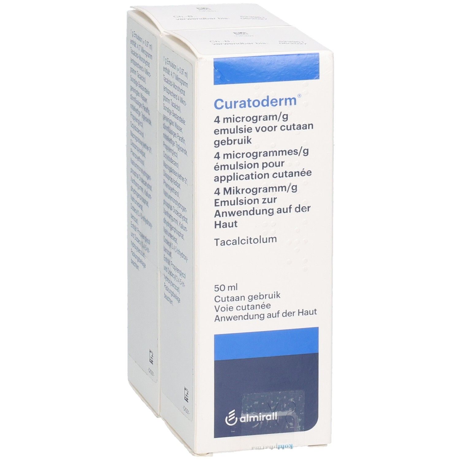Weiße Faltschachtel mit blauen Akzenten. Aufdruck: Curatoderm Emulsion 4 Mikrogramm/g. Almirall Logo.