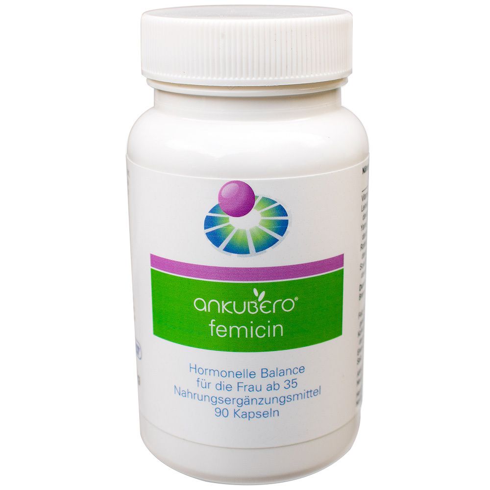 Weiße Flasche mit Schraubverschluss. Aufschrift: ANKUBERO® femicin. Grün-lila Etikett. 90 Kapseln. Nahrungsergänzungsmittel.