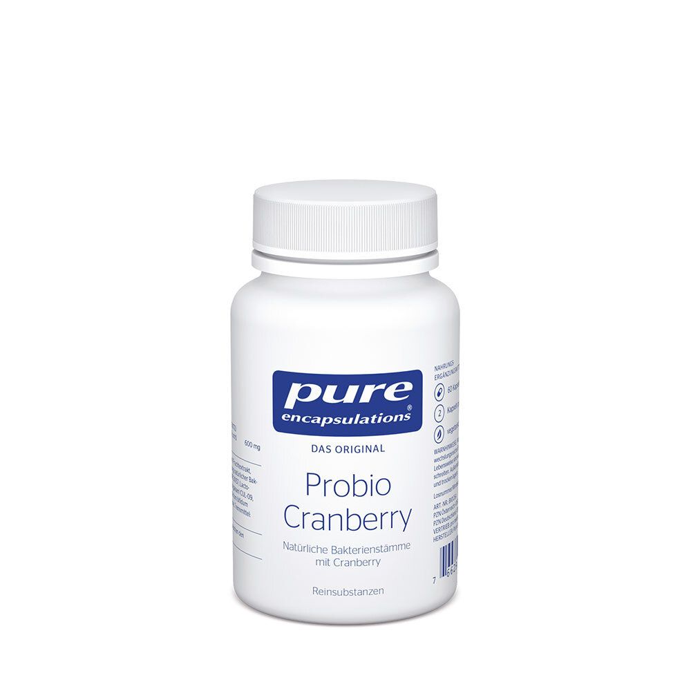 Weiße Flasche mit blauem Etikett. Aufschrift: Pure Encapsulations, Probio Cranberry. Kapseln mit Cranberry. Deckel oben.