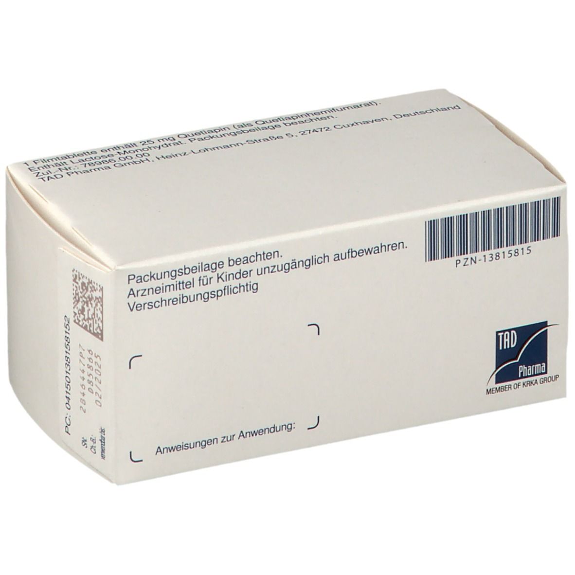 Rückseite der Quetiapin TAD® 25 mg Schachtel. Barcode, Text, Herstellerinformationen.