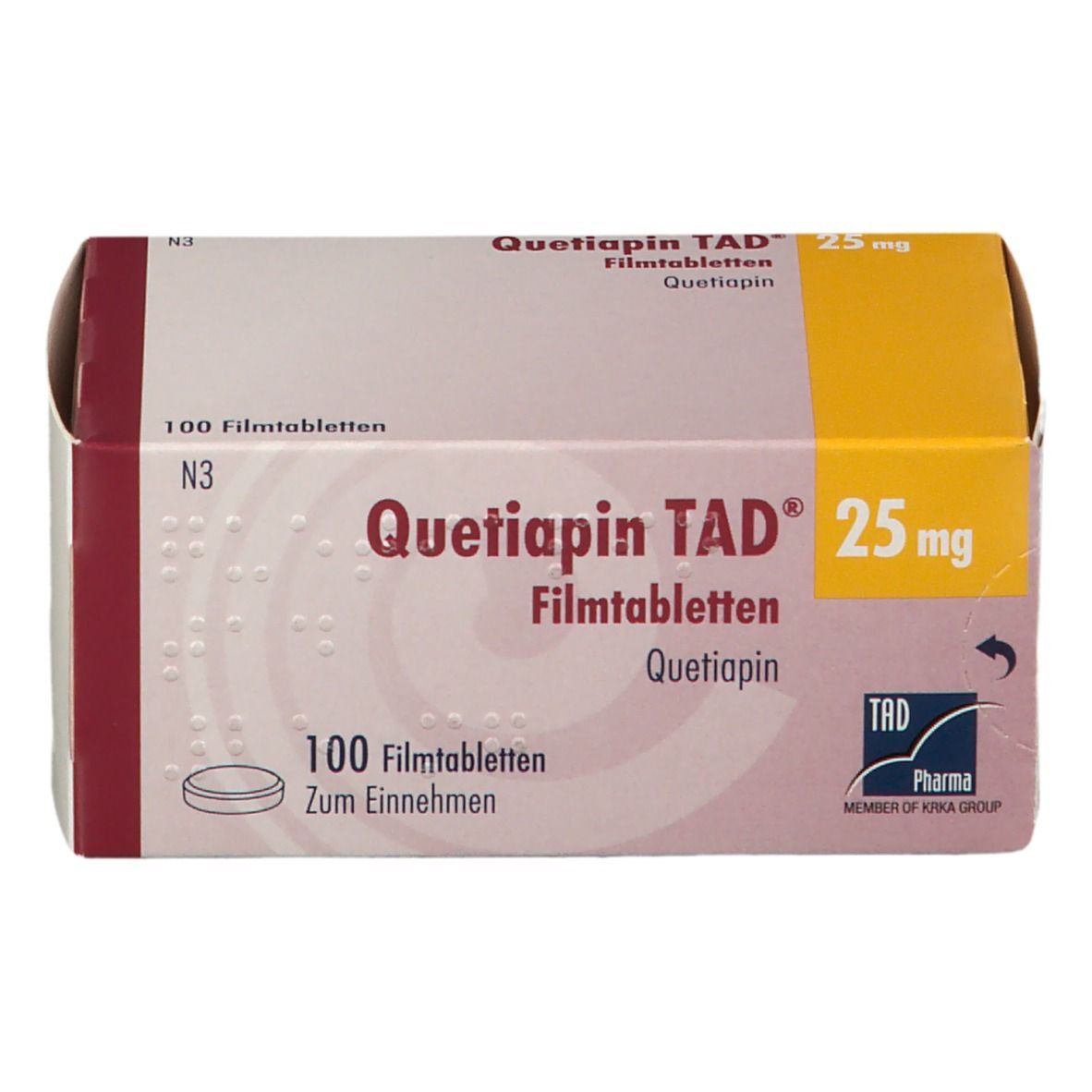 Schachtel Quetiapin TAD® 25 mg. Aufschrift: 100 Filmtabletten. Logo und Produktname.