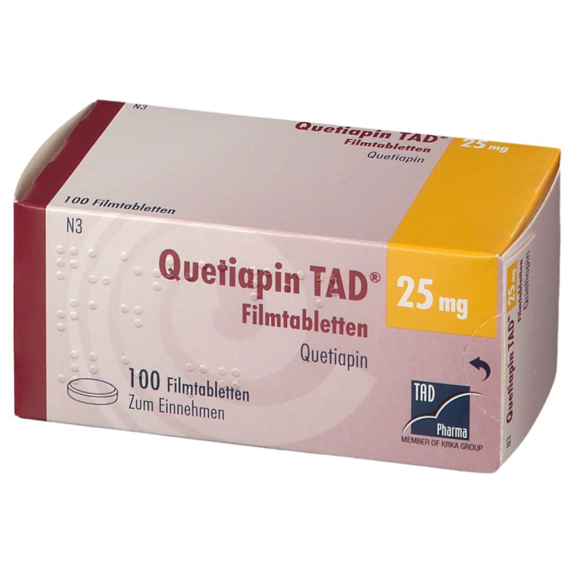 Schachtel Quetiapin TAD® 25 mg. Aufschrift: 100 Filmtabletten. Gelber Akzent.