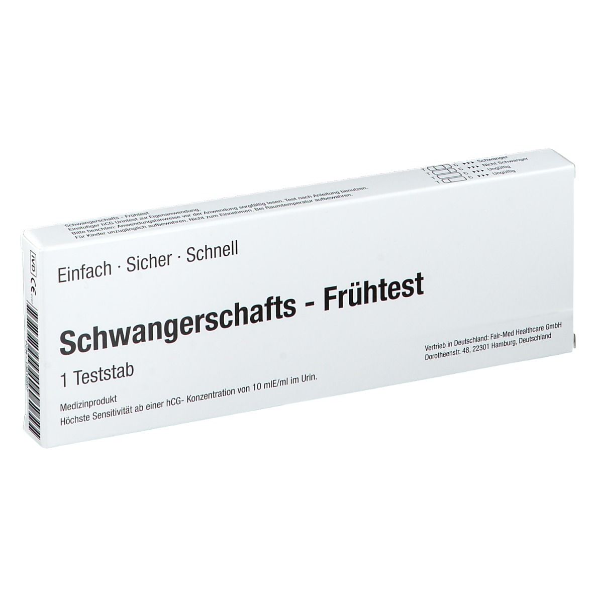 Weiße Schachtel mit Aufschrift "Schwangerschafts-Frühtest". Text: Einfach, Sicher, Schnell. Enthält 1 Teststab.