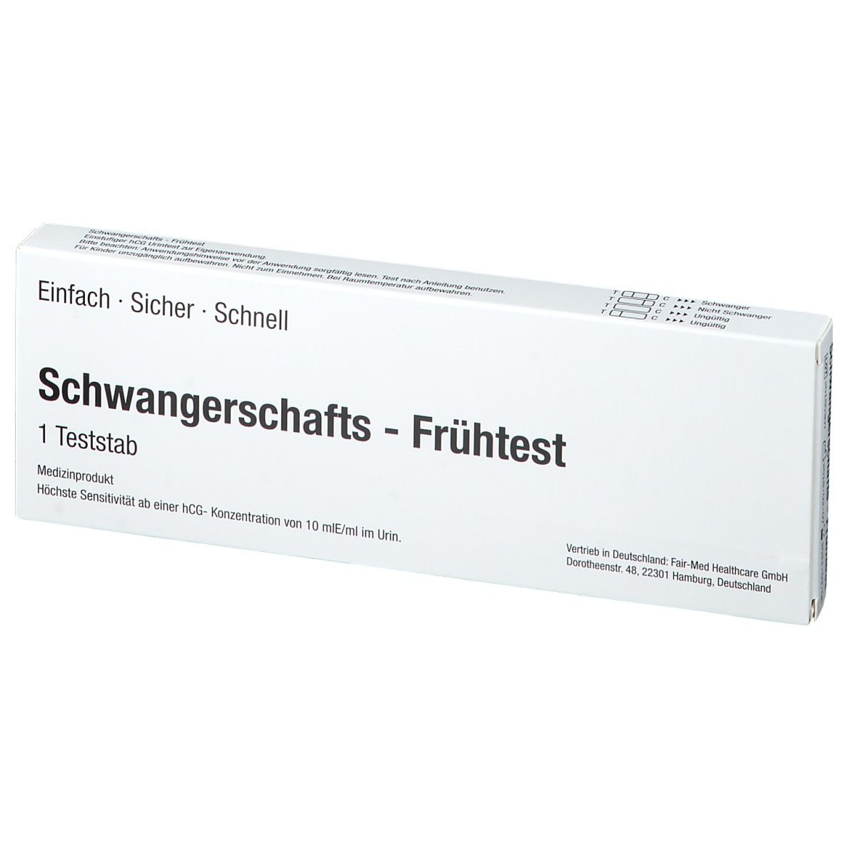 Weiße Schachtel mit Aufschrift "Schwangerschafts-Frühtest". Text: Einfach, Sicher, Schnell. Enthält 1 Teststab.
