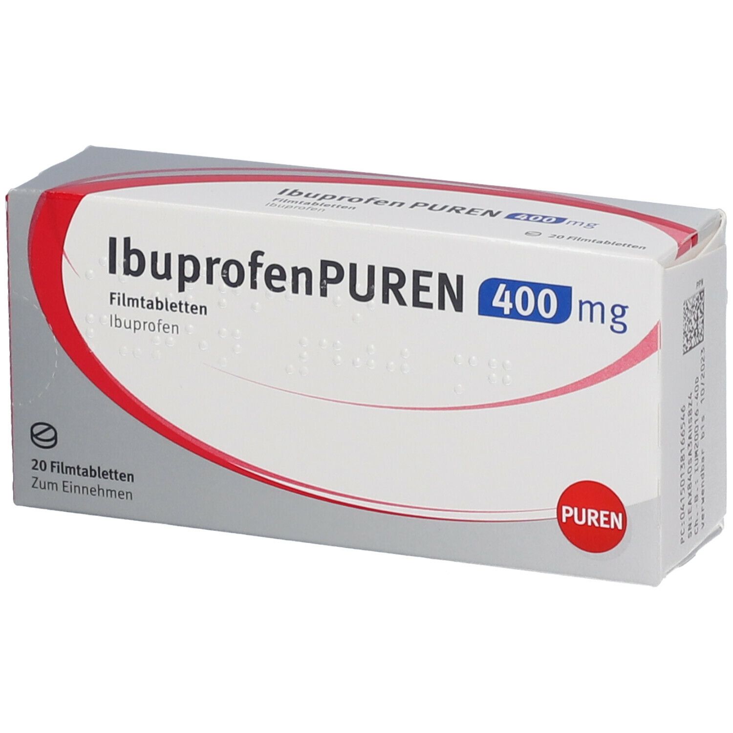 Schachtel mit Ibuprofen PUREN 400 mg Filmtabletten. Rote und weiße Verpackung mit Produktnamen und Dosierung.