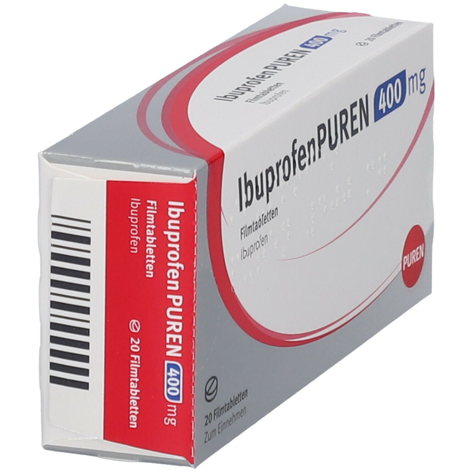 Seitenansicht der Ibuprofen PUREN 400 mg Schachtel. Rote Seite mit Produktinformationen, weißer Hintergrund.