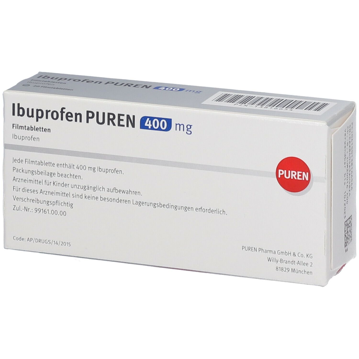 Geöffnete Ibuprofen PUREN 400 mg Schachtel. Produktname, Dosierung und Herstellerinformationen auf weißem Hintergrund.