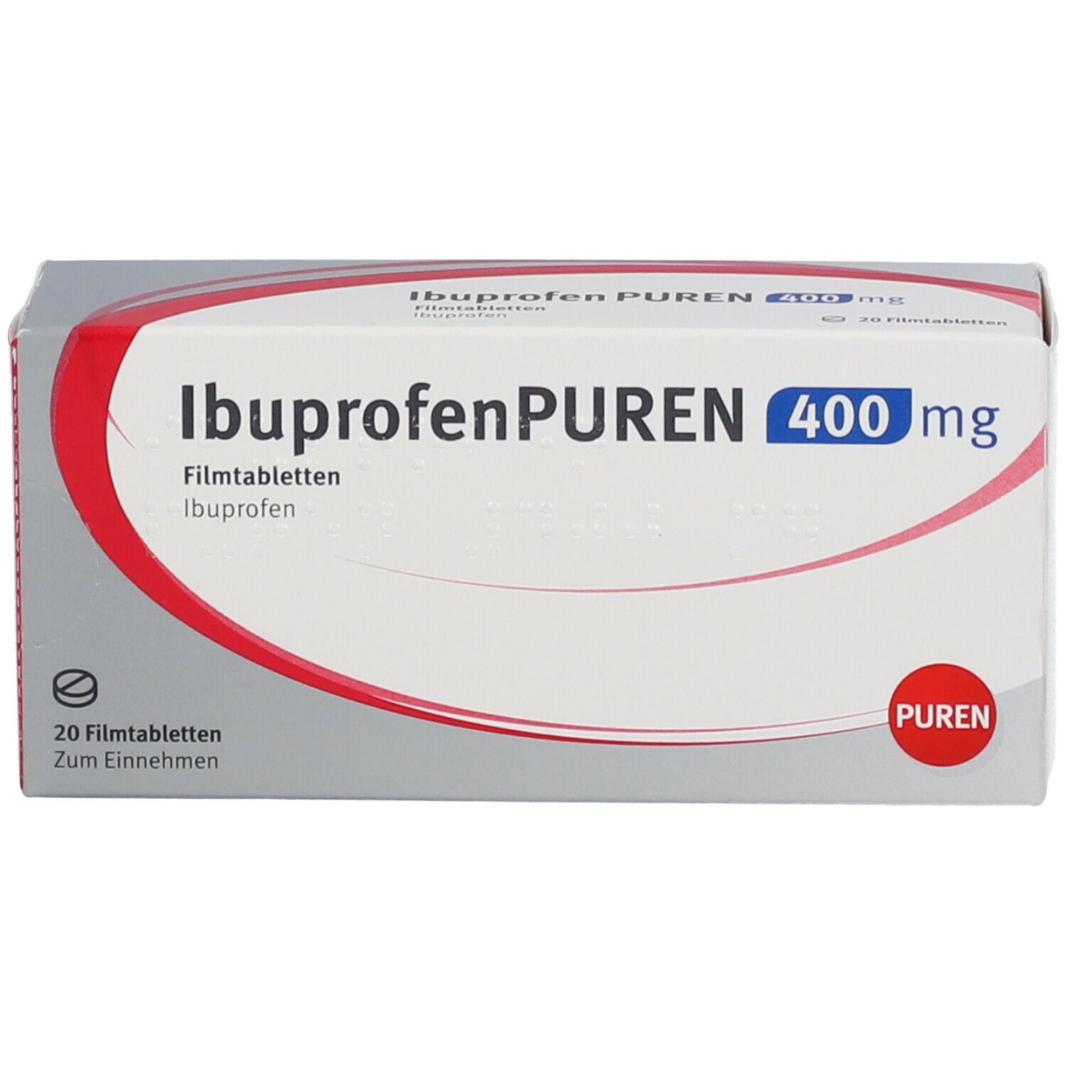 Ibuprofen PUREN 400 mg Schachtel. Weiße Verpackung mit rotem Akzent, Produktname und Dosierung.