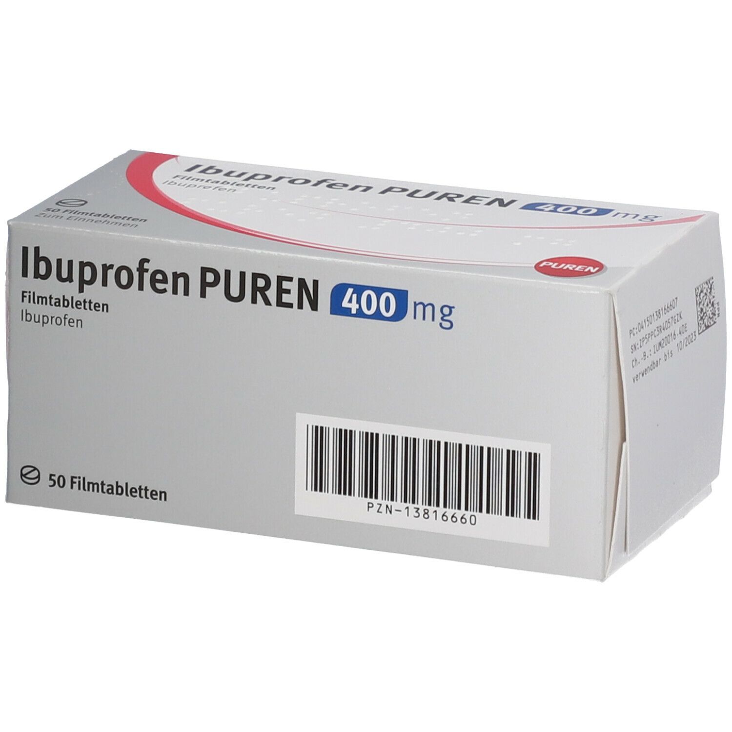 Schachtel Ibuprofen PUREN 400 mg. Weiße Verpackung mit Produktnamen, Dosierung, Barcode und PZN-Nummer.