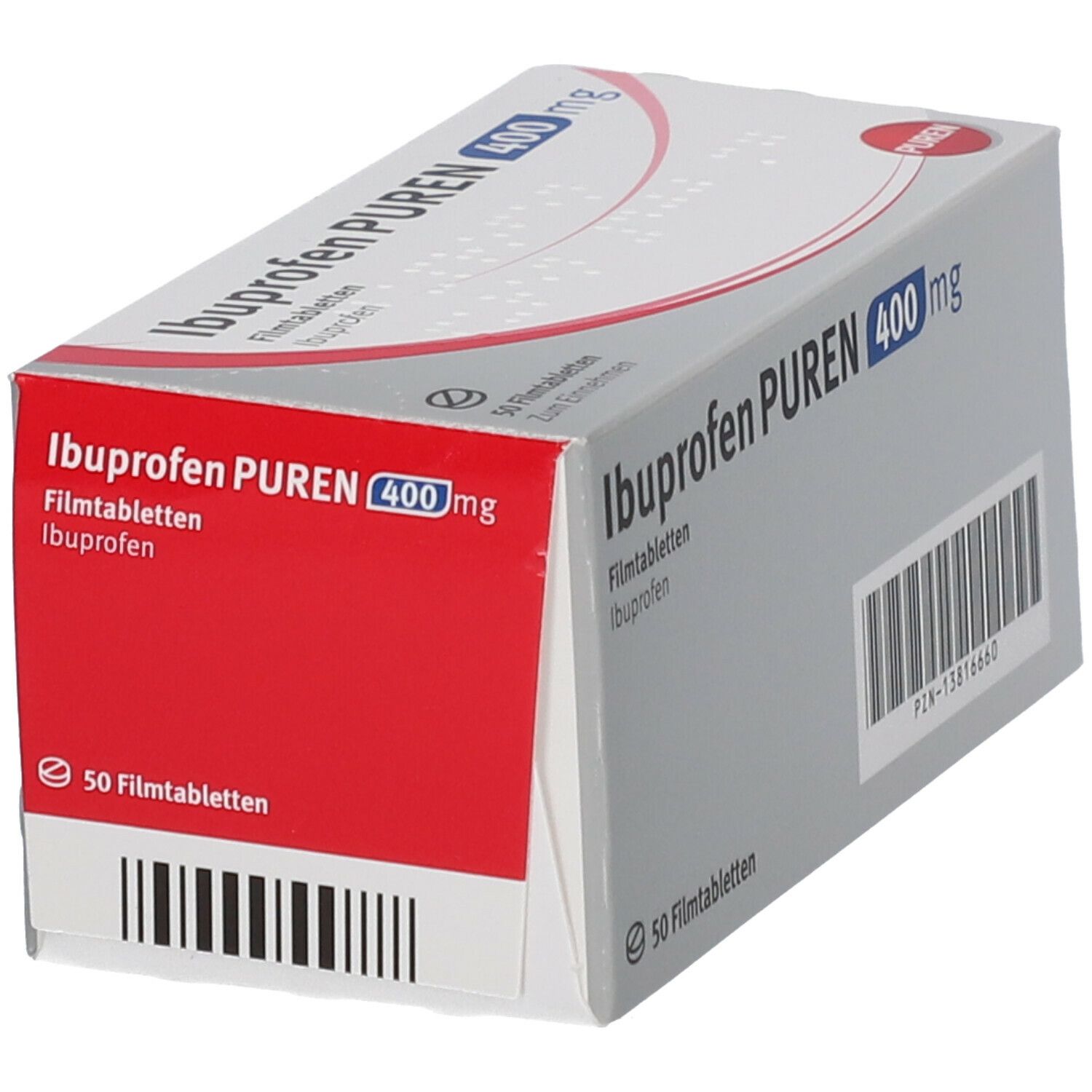 Schachtel Ibuprofen PUREN 400 mg, schräg. Rote und weiße Verpackung mit Produktnamen, Dosierung und Barcode.