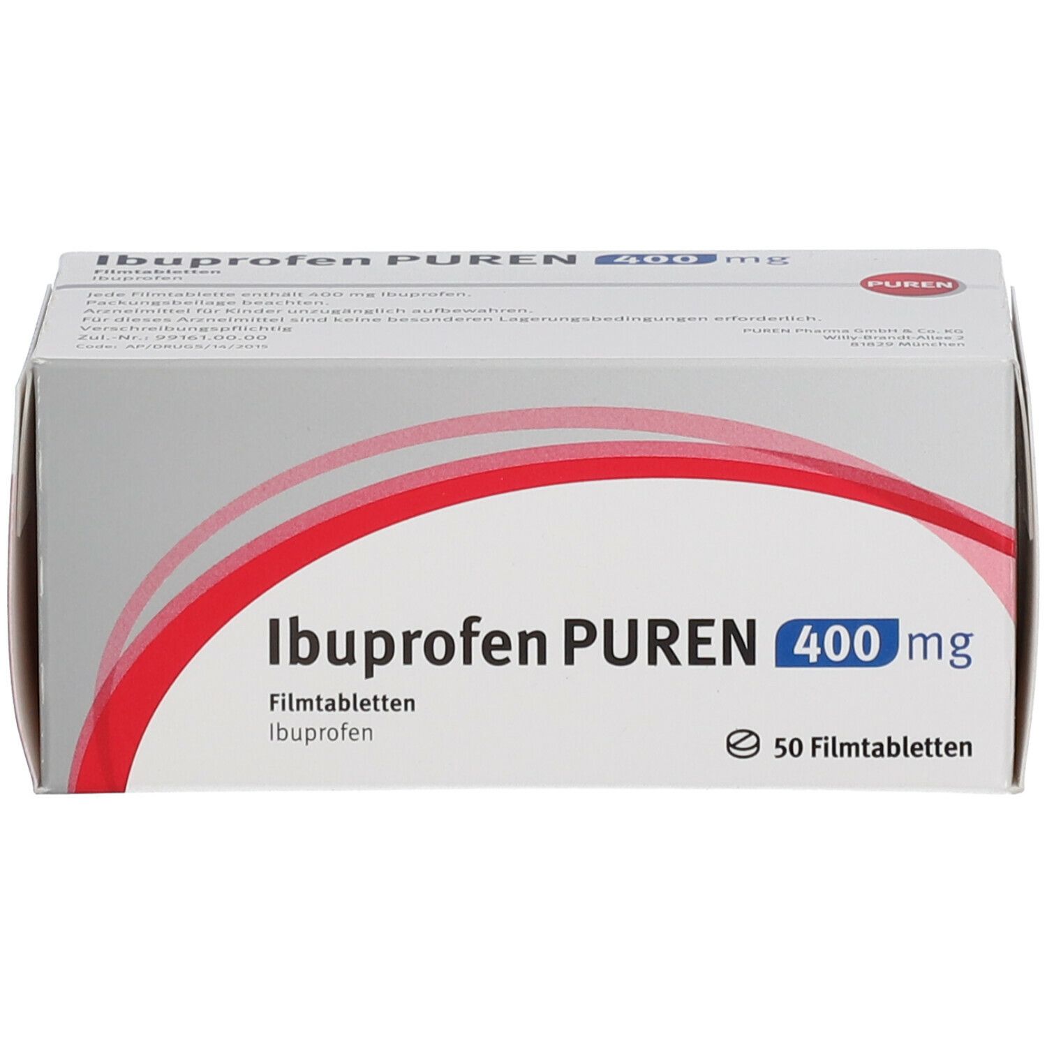 Schachtel Ibuprofen PUREN 400 mg. Weiße Verpackung mit roter Grafik, Produktnamen, Dosierung und 50 Filmtabletten.