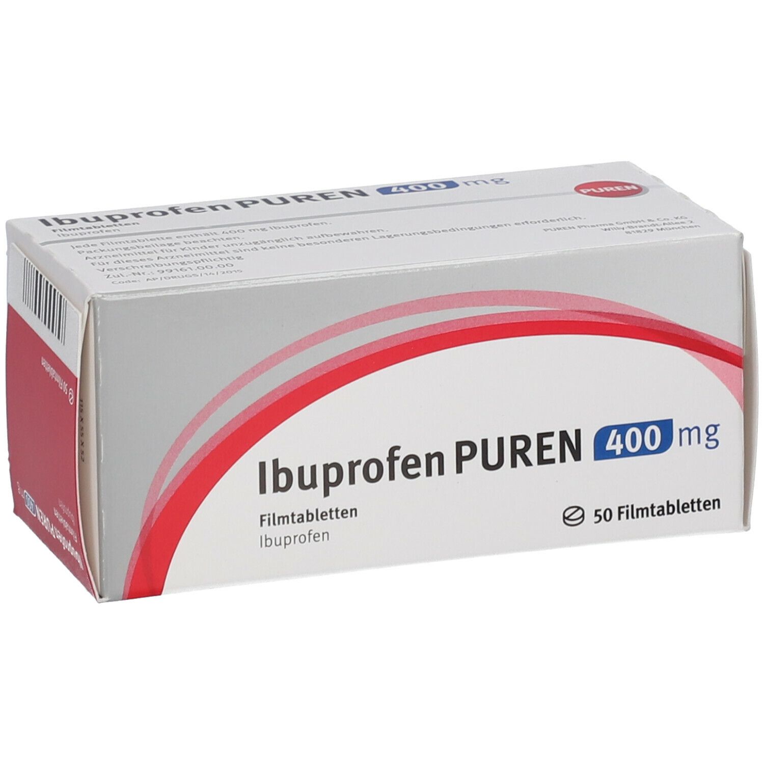 Schachtel Ibuprofen PUREN 400 mg. Weiße Verpackung mit roter Grafik, Produktnamen, Dosierung und 50 Filmtabletten.