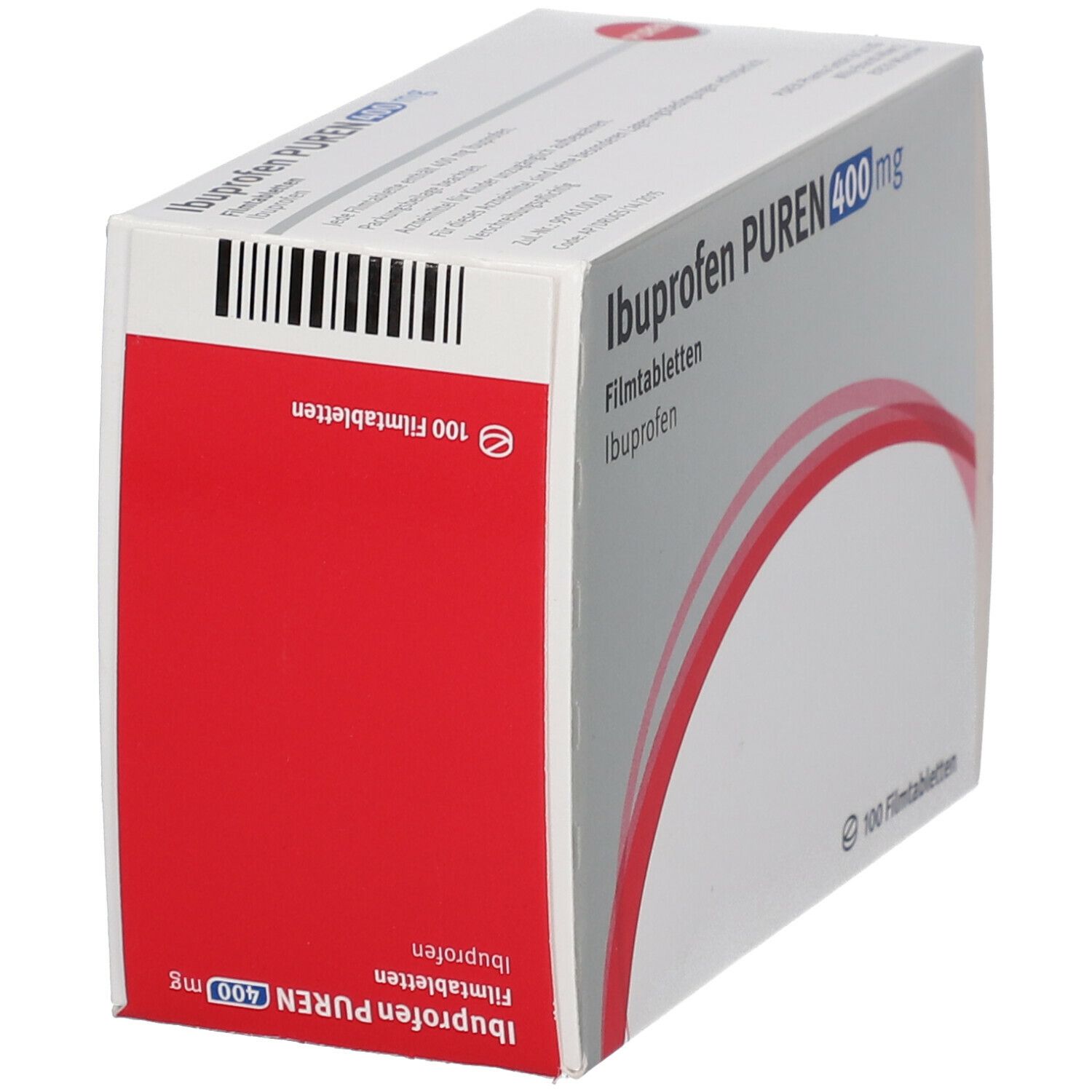 Schachtel IBUPROFEN PUREN 400 mg Filmtabletten. Rote Seite, weiße Schrift. Aufschrift: 100 Filmtabletten. Barcode.