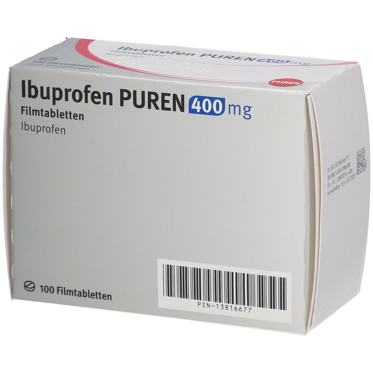 Schachtel IBUPROFEN PUREN 400 mg Filmtabletten. Aufschrift: 100 Filmtabletten. Barcode. Weiße Schachtel mit roter Gestaltung.