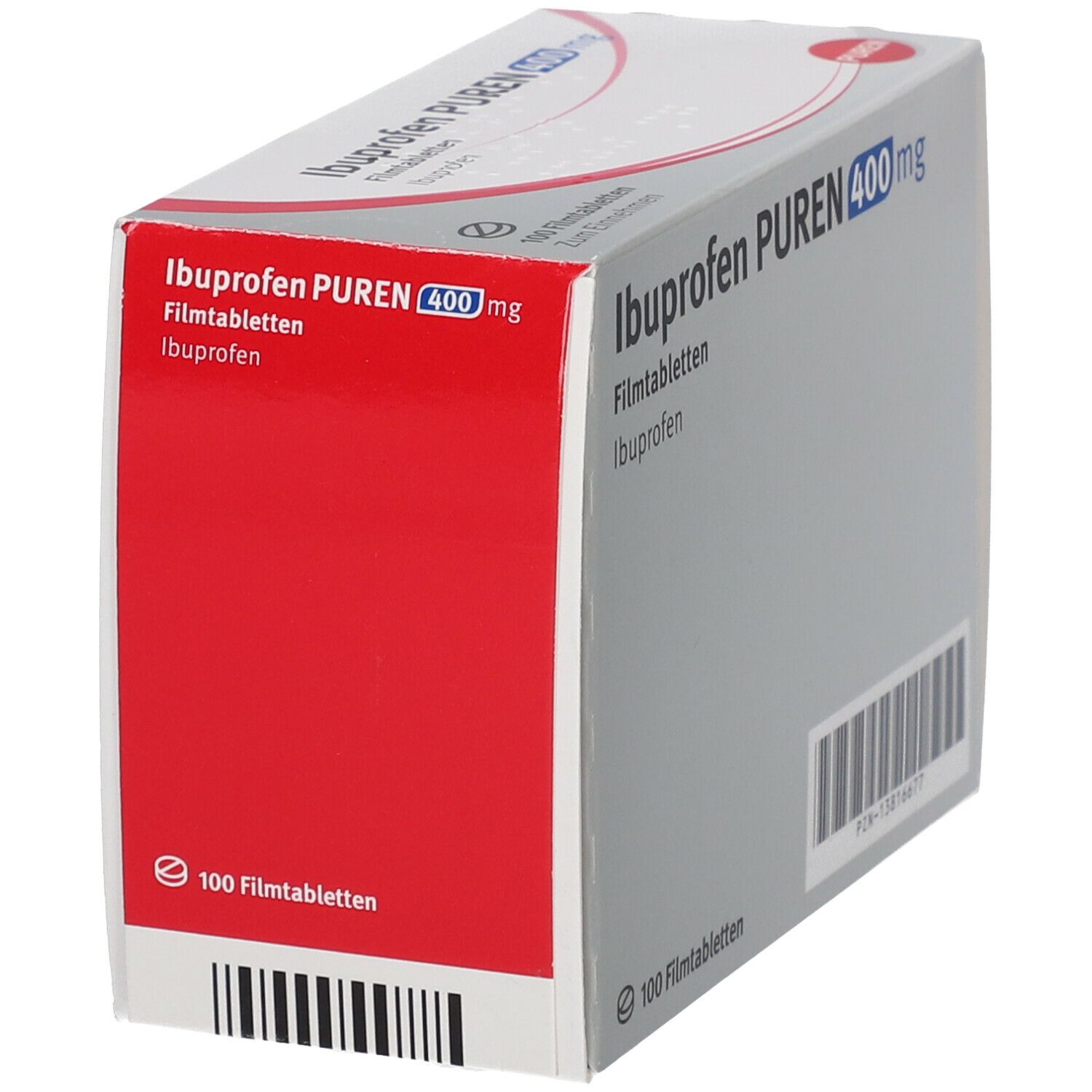 Schachtel IBUPROFEN PUREN 400 mg Filmtabletten. Rote Seite, weiße Schrift. Aufschrift: 100 Filmtabletten. Barcode.