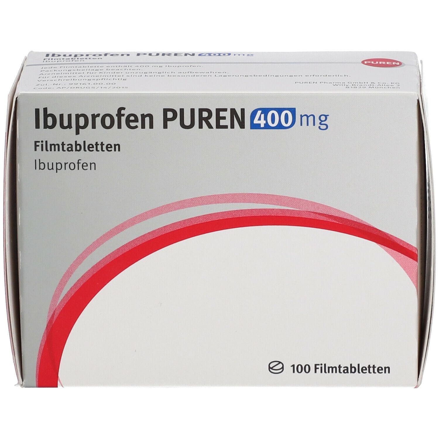 Schachtel IBUPROFEN PUREN 400 mg Filmtabletten. Aufschrift: 100 Filmtabletten. Weiße Schachtel mit roter Gestaltung.