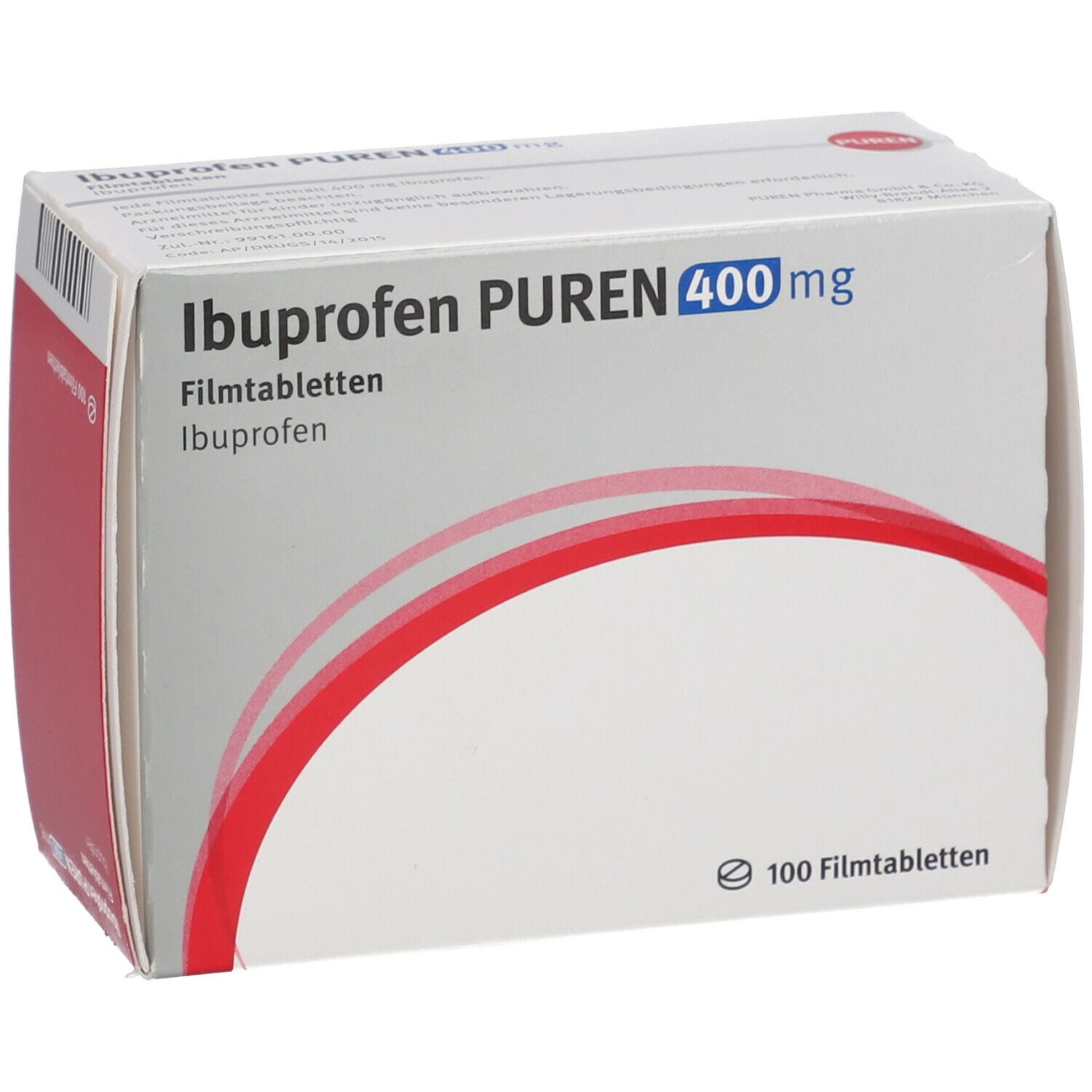 Schachtel IBUPROFEN PUREN 400 mg Filmtabletten. Aufschrift: 100 Filmtabletten. Weiße Schachtel mit roter Gestaltung.