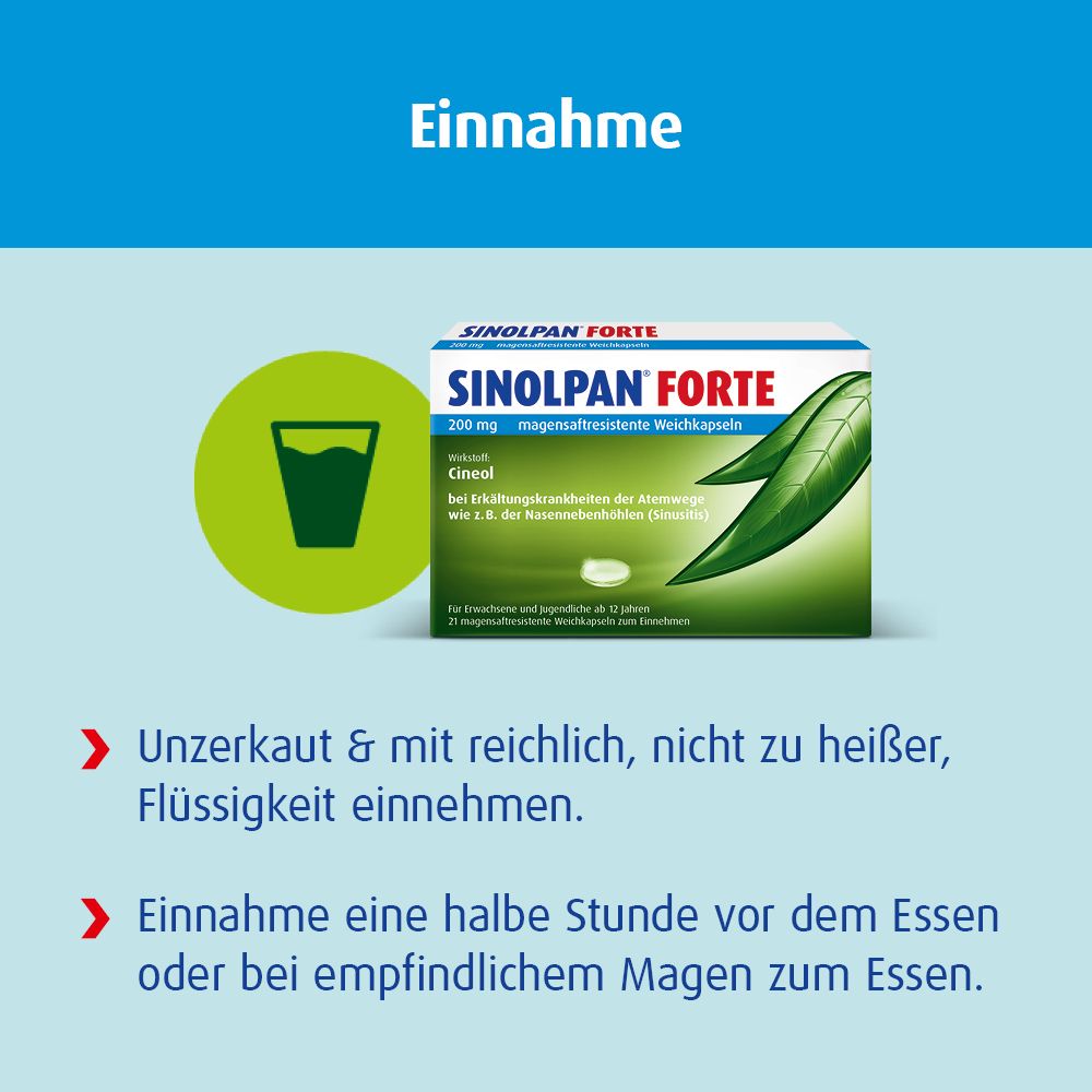 Grafik mit Glas Wasser und Text: Einnahme. Anweisungen: unzerkaut, mit Flüssigkeit, eine halbe Stunde vor dem Essen.