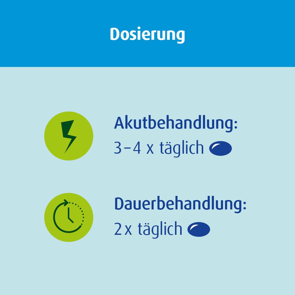 Grafik mit Dosierungsangaben: Akutbehandlung 3-4x täglich, Dauerbehandlung 2x täglich. Kapsel-Icons.