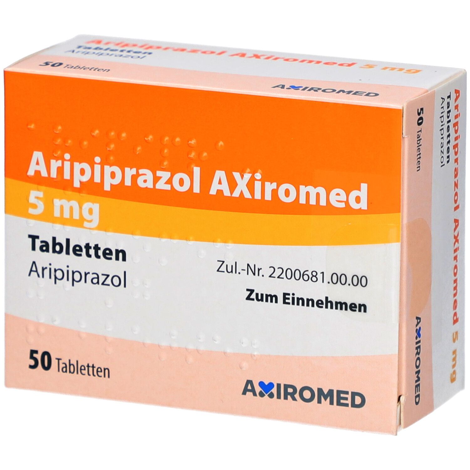 Schachtel mit Aripiprazol AXiromed 5 mg Tabletten. Orange-weißes Design. 50 Tabletten. Text: Aripiprazol, AXiromed.