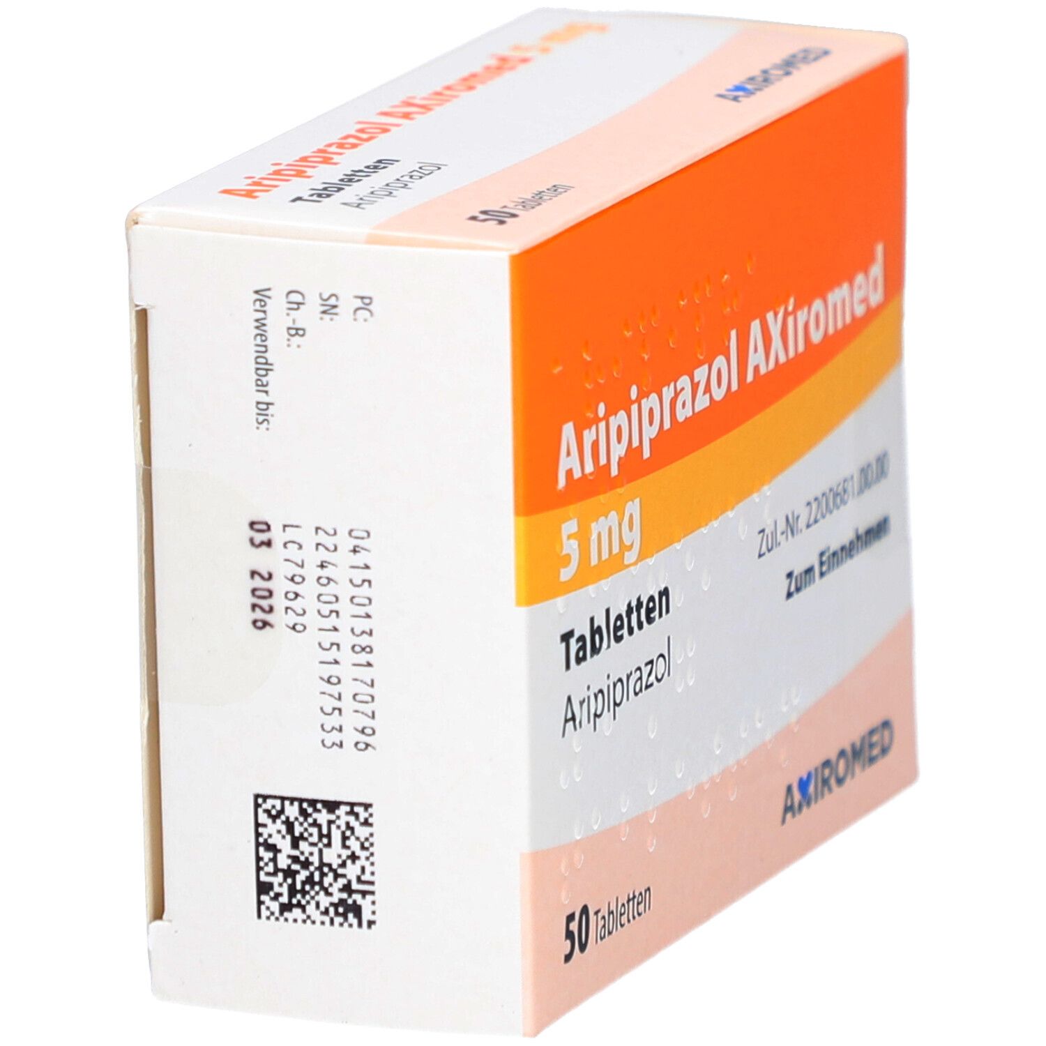 Schachtel mit ARIPIPRAZOL AXiromed 5 mg Tabletten. Orangefarbener Streifen mit Produktnamen. 50 Tabletten. AXiromed Logo.