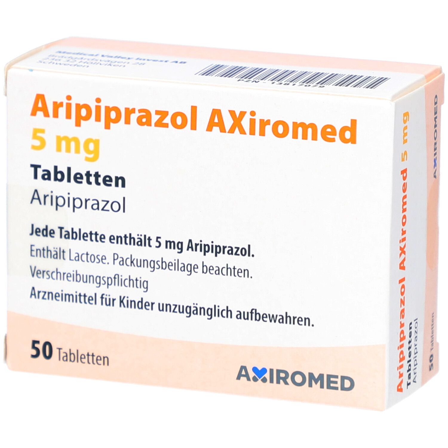 Schachtel Aripiprazol AXiromed 5 mg Tabletten. Text: Aripiprazol, 50 Tabletten. Enthält Lactose. Für Kinder unzugänglich aufbewahren.