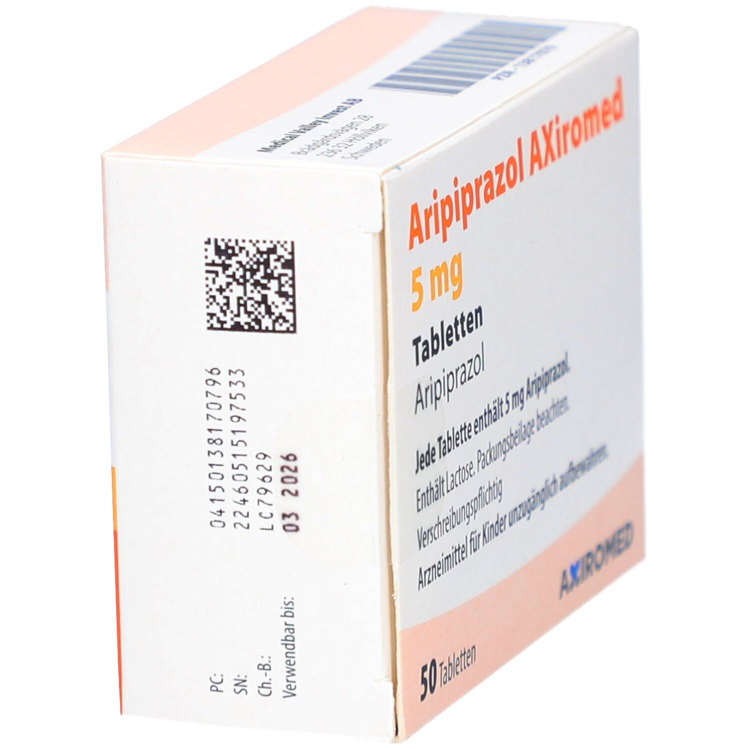 Schachtel mit ARIPIPRAZOL AXiromed 5 mg Tabletten. Produktname und Dosierung. 50 Tabletten. AXiromed Logo.