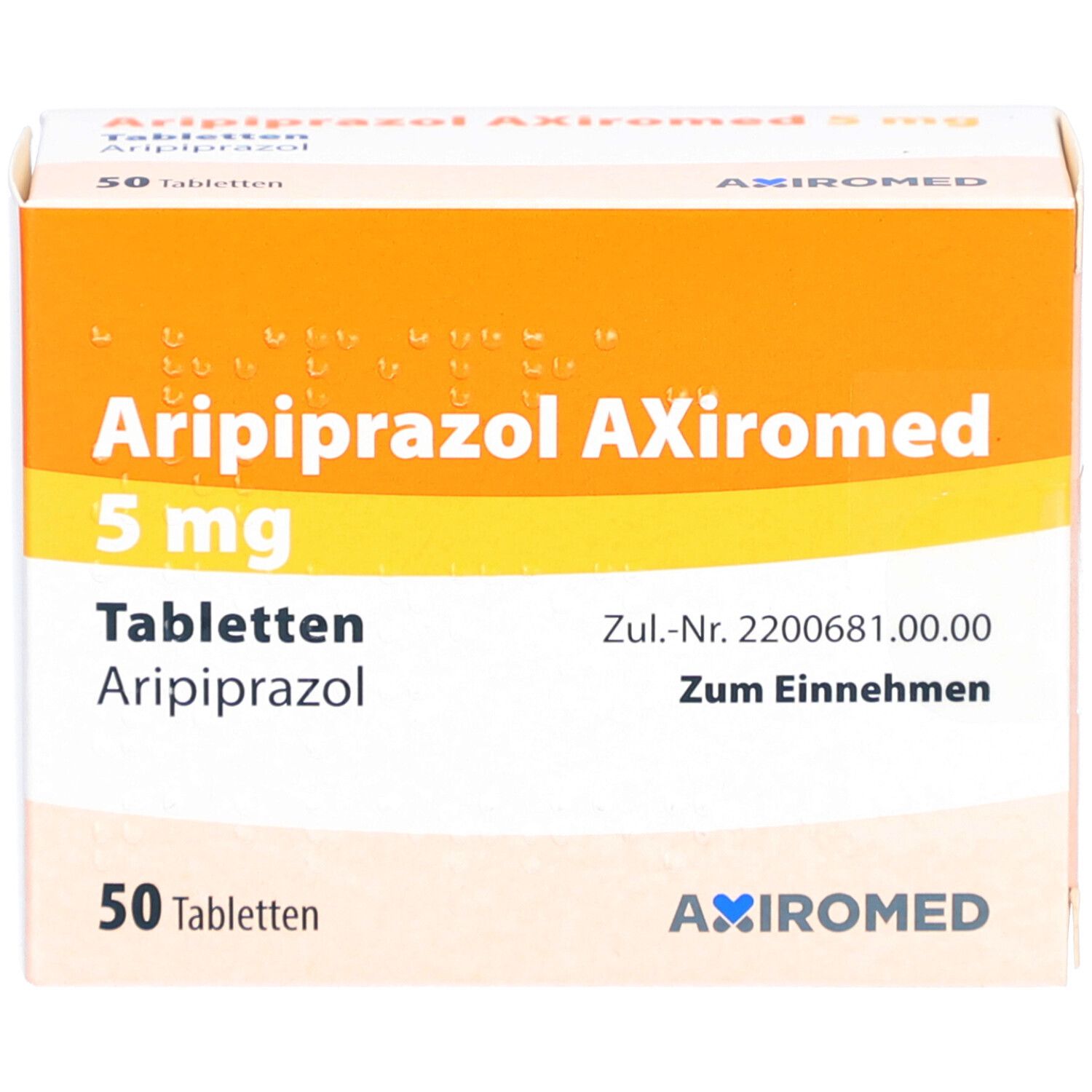 ARIPIPRAZOL AXiromed 5 mg Tabletten Schachtel. Orangefarbener Hintergrund mit Produktinformationen. 50 Tabletten. AXiromed Logo.