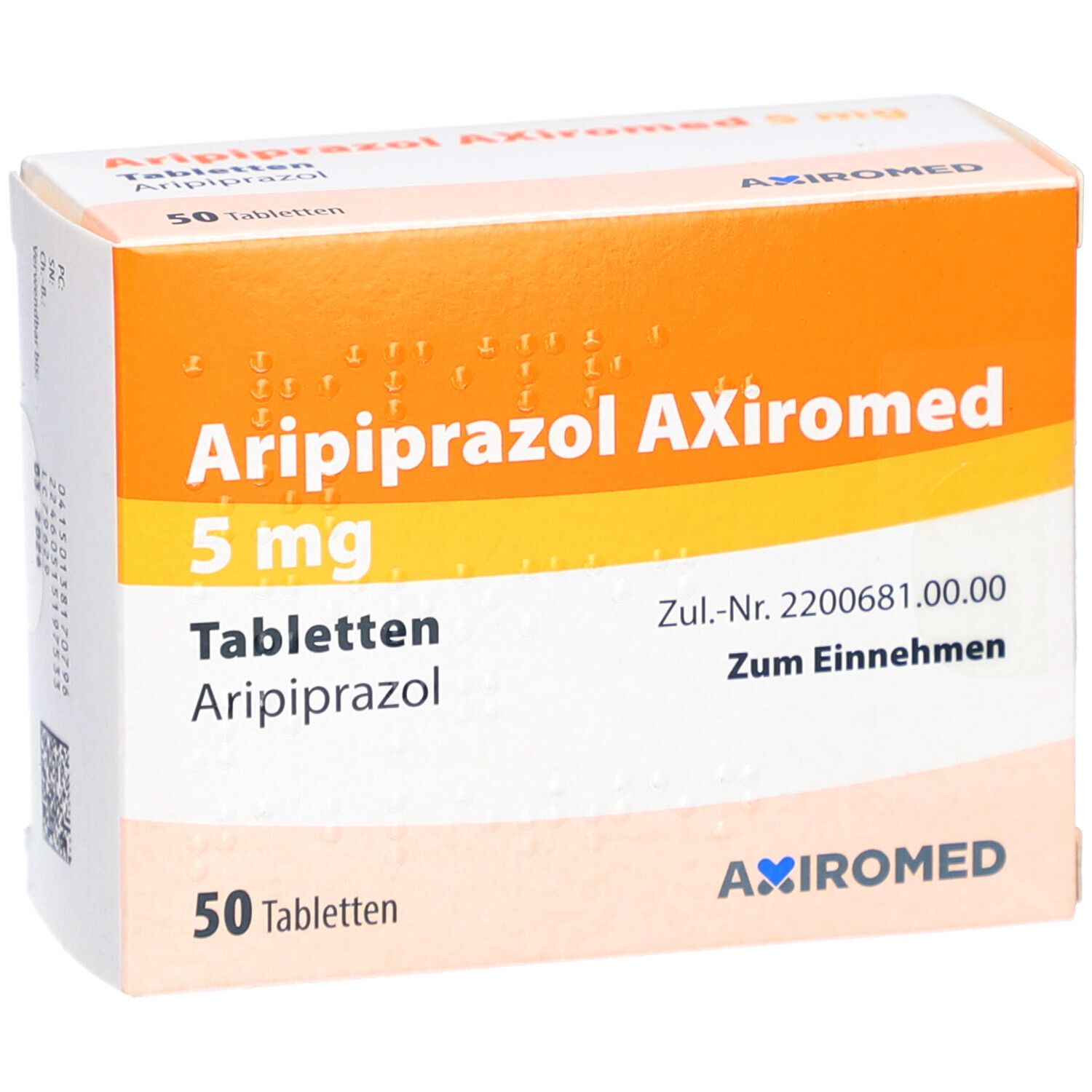 Schachtel Aripiprazol AXiromed 5 mg Tabletten. Orange-weißes Design. 50 Tabletten. Text: Aripiprazol, AXiromed, Zum Einnehmen.