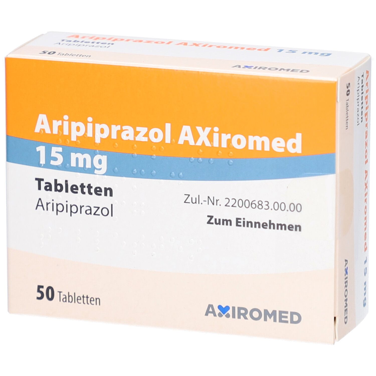 Schachtel mit Tabletten. Aufschrift: Aripiprazol AXiromed 15 mg, 50 Tabletten. Orange-weiße Verpackung.