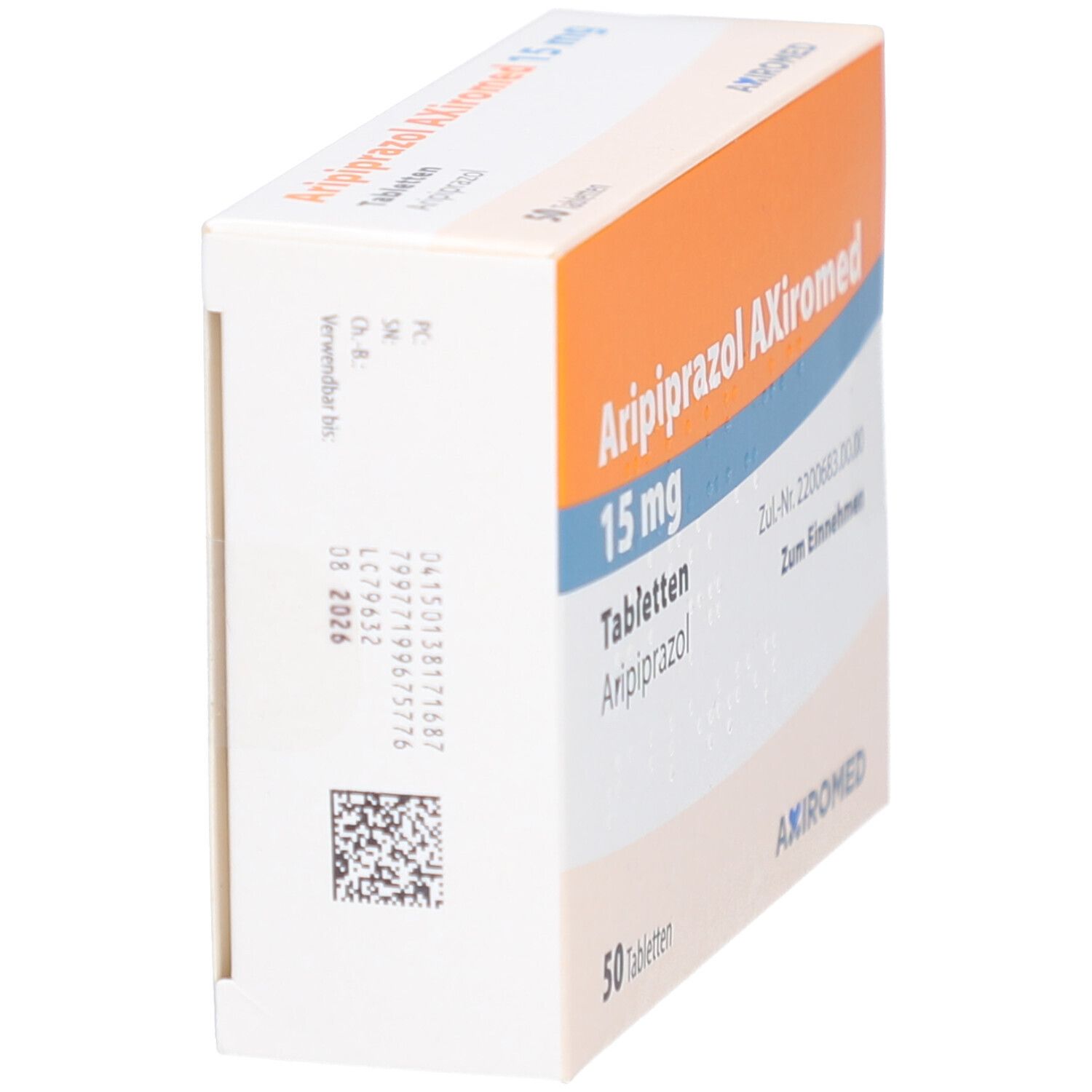 Seitenansicht der Tablettenschachtel. Aufschrift: Aripiprazol AXiromed 15 mg, 50 Tabletten. Orange-weiße Verpackung.