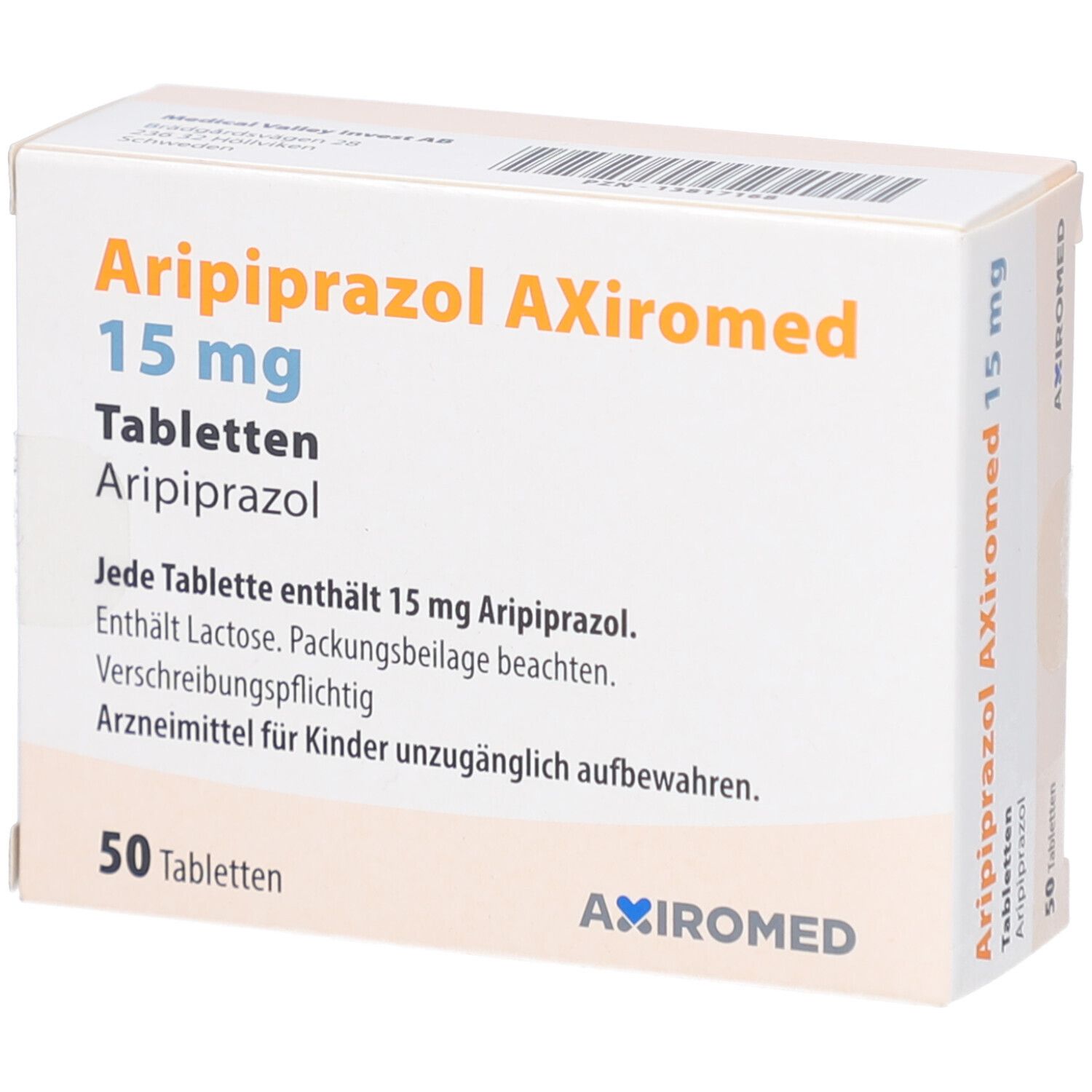 Tablettenschachtel mit Text. Aufschrift: Aripiprazol AXiromed 15 mg, 50 Tabletten. Enthält Informationen.